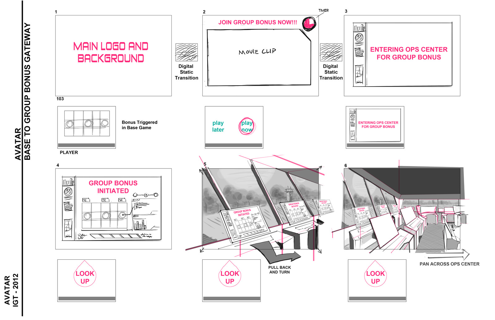 Storyboards showing the Player screen (small) and the Group screen (large) when a bonus was triggered which multiple gamblers would share the winnings. These were to help guide the 3D artist with camera moves and timing.