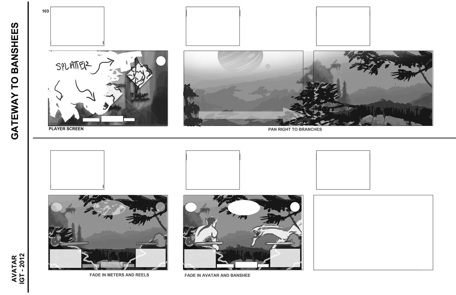 Storyboards showing the Player screen when a bonus was triggered. These were to help guide the 3D artist with camera moves and timing.