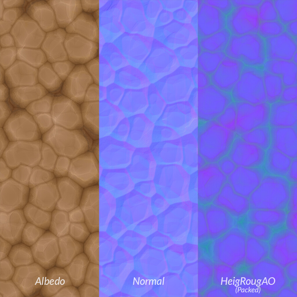 The Height, Roughness and Ambient Occlusion maps are pack into one to optimize resources in Game Engines ;)