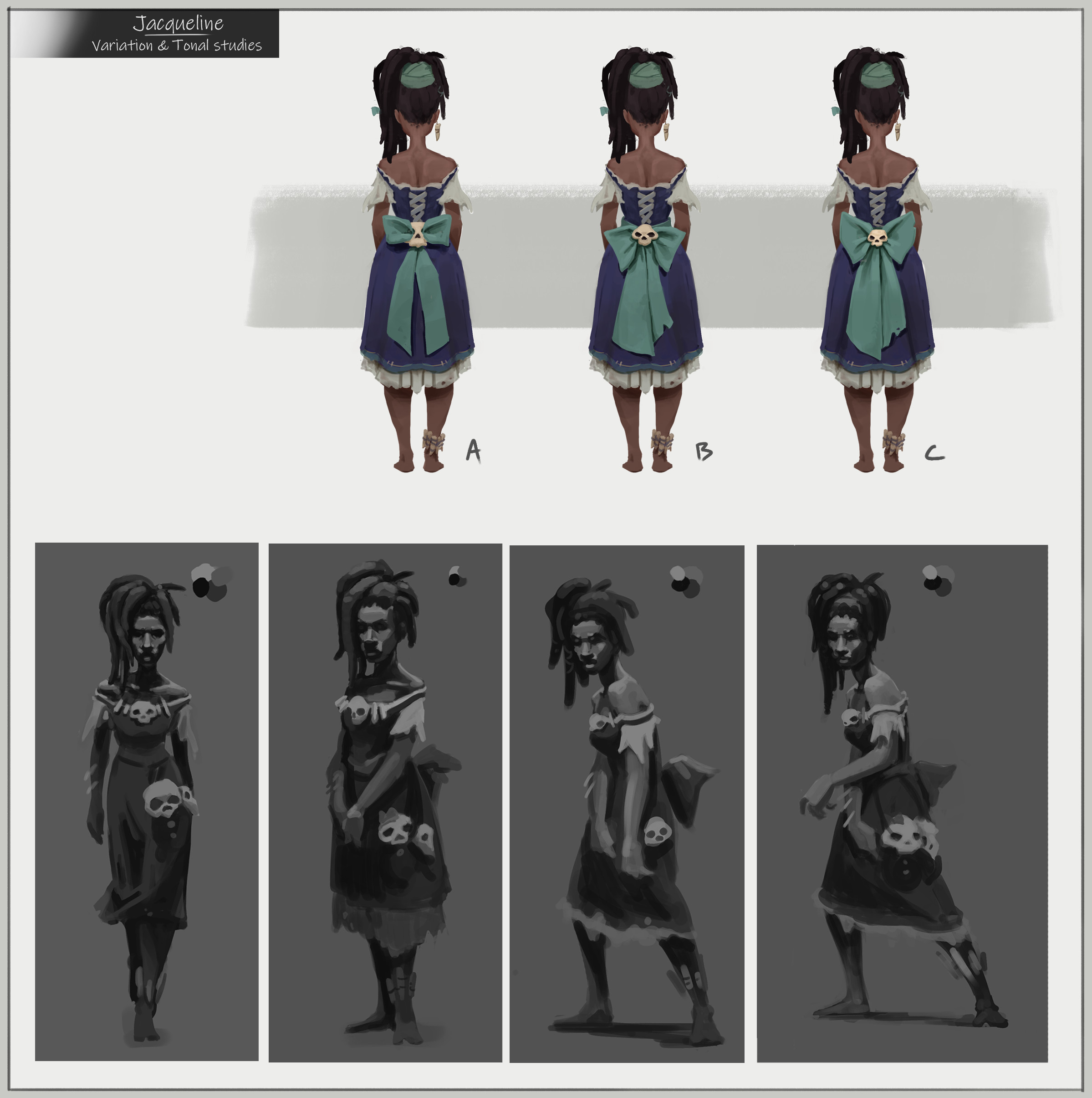 Back costume design options and tonal studies for the final mood painting.