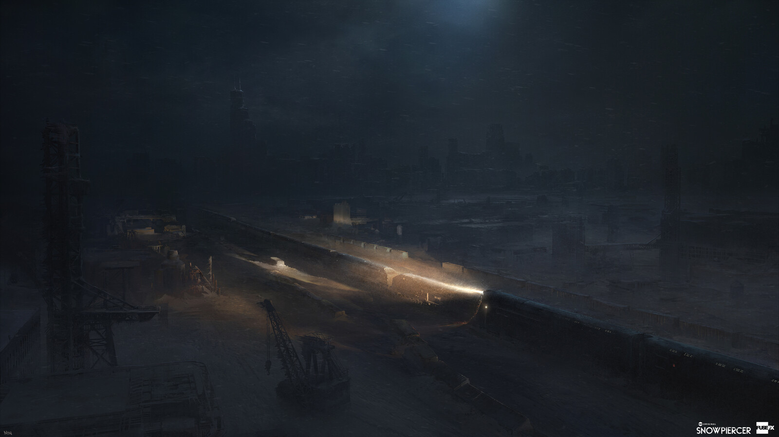 Chicago. The train is a main character in the picture. With the lighting I wanted to emphasize the story that the train is the only "living" thing in this world.  It's almost ironic how the artificial light represents life in Snowpiercer universe. 