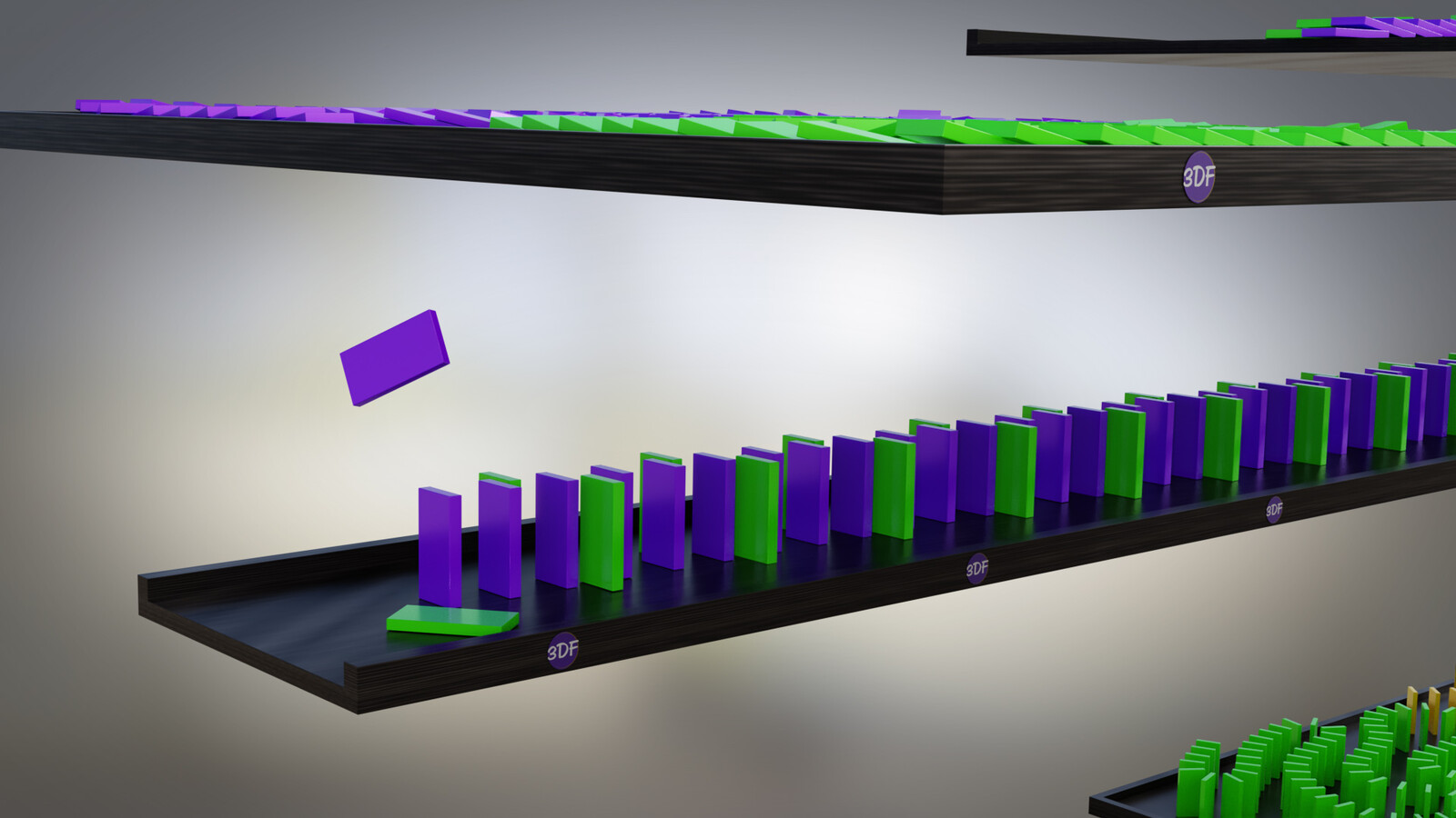 3D  Dominoes Falling with Balls mechanisms for transitions - V1 - Dynamics with Houdini