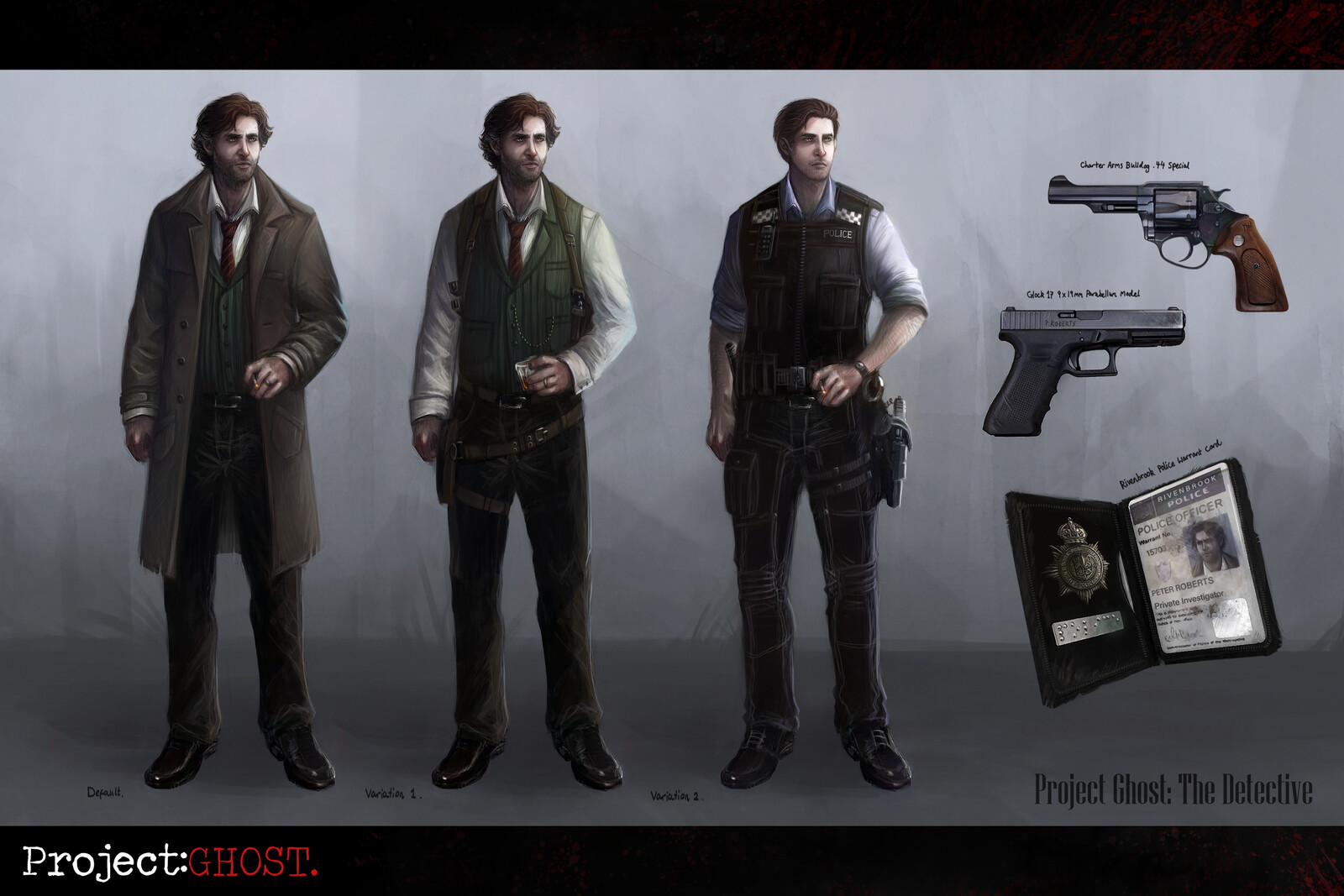 Project GHOST: Detective Peter Roberts (callouts and initial sketches) concept art