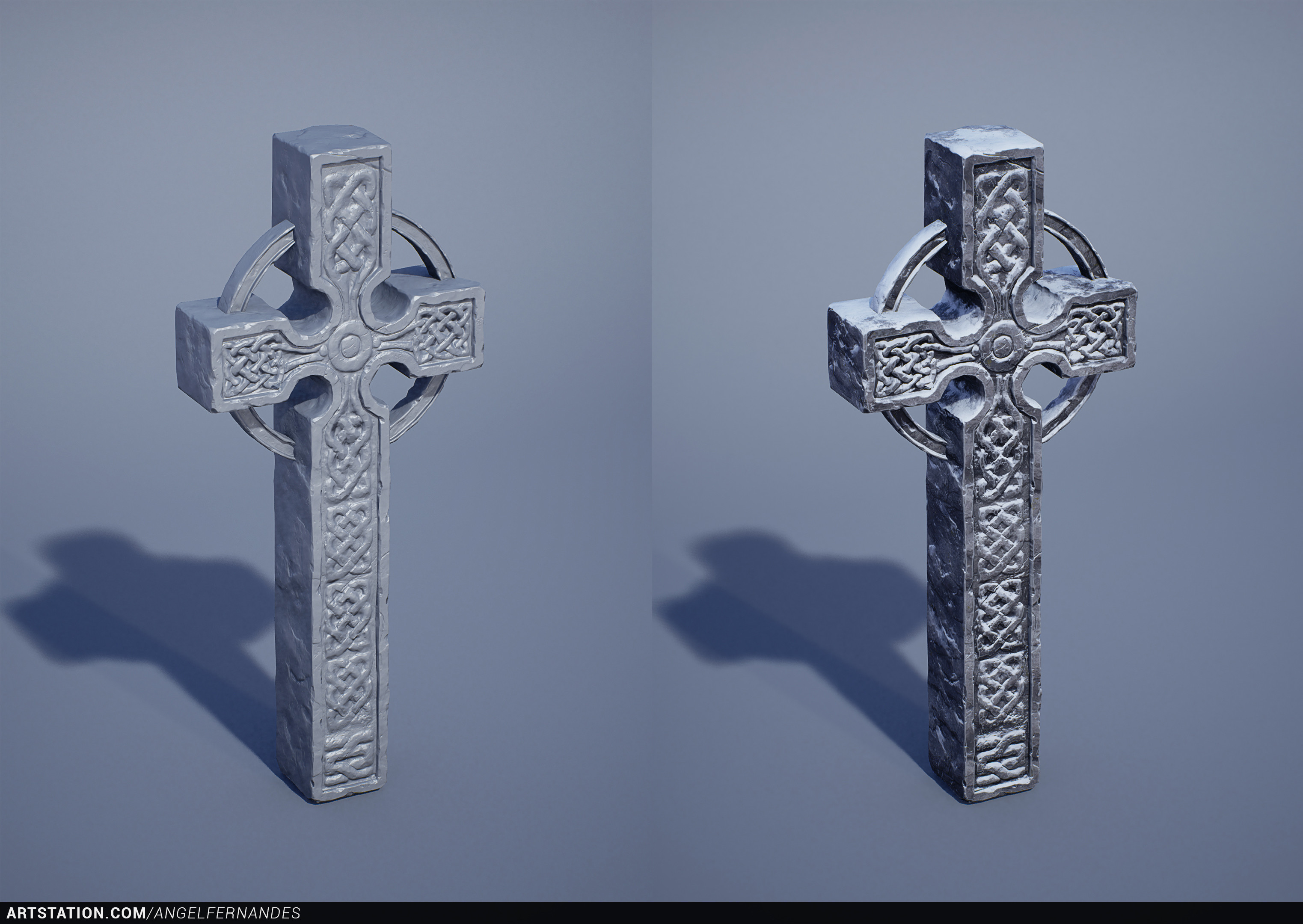 Cross. Low-poly + normal map on the left and full shader on the right.