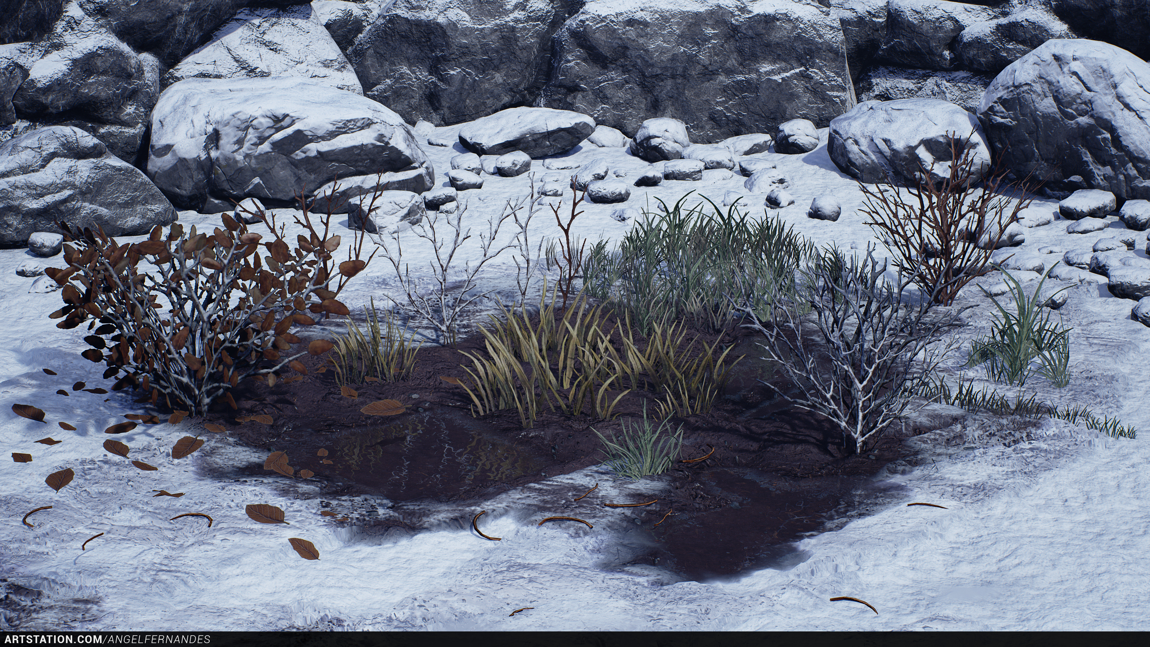 Foliage sculpted in ZBrush, baked and textured in Substance Designer. Ground materials created in SD as well..
