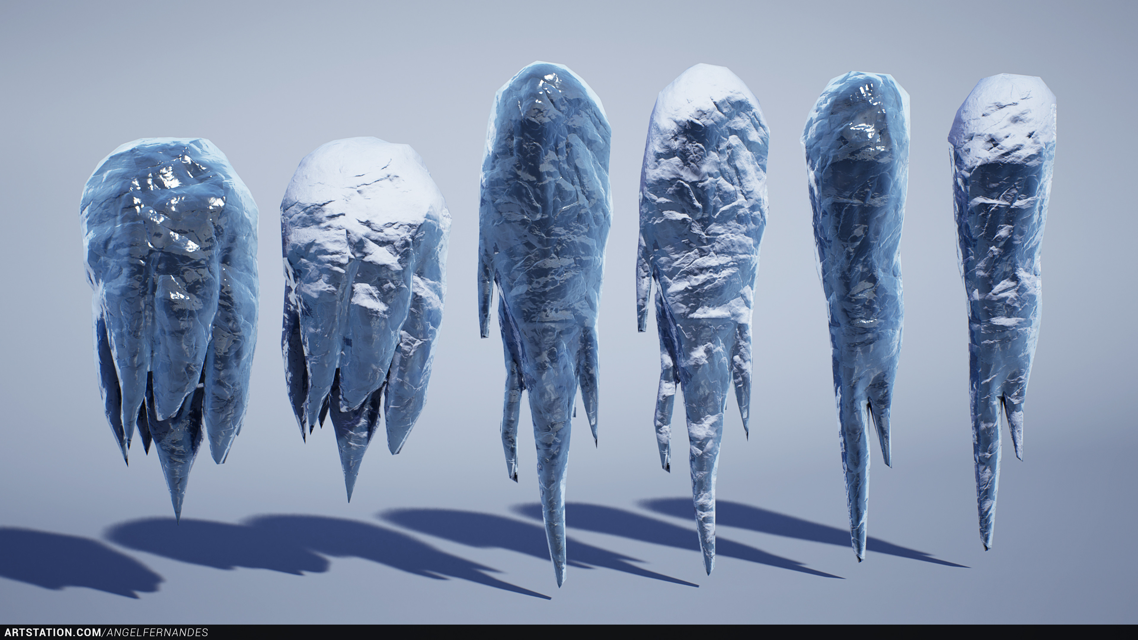 Some basic hanging snow/ice shapes... snow blending, normal detail, fuzzy shading, etc...