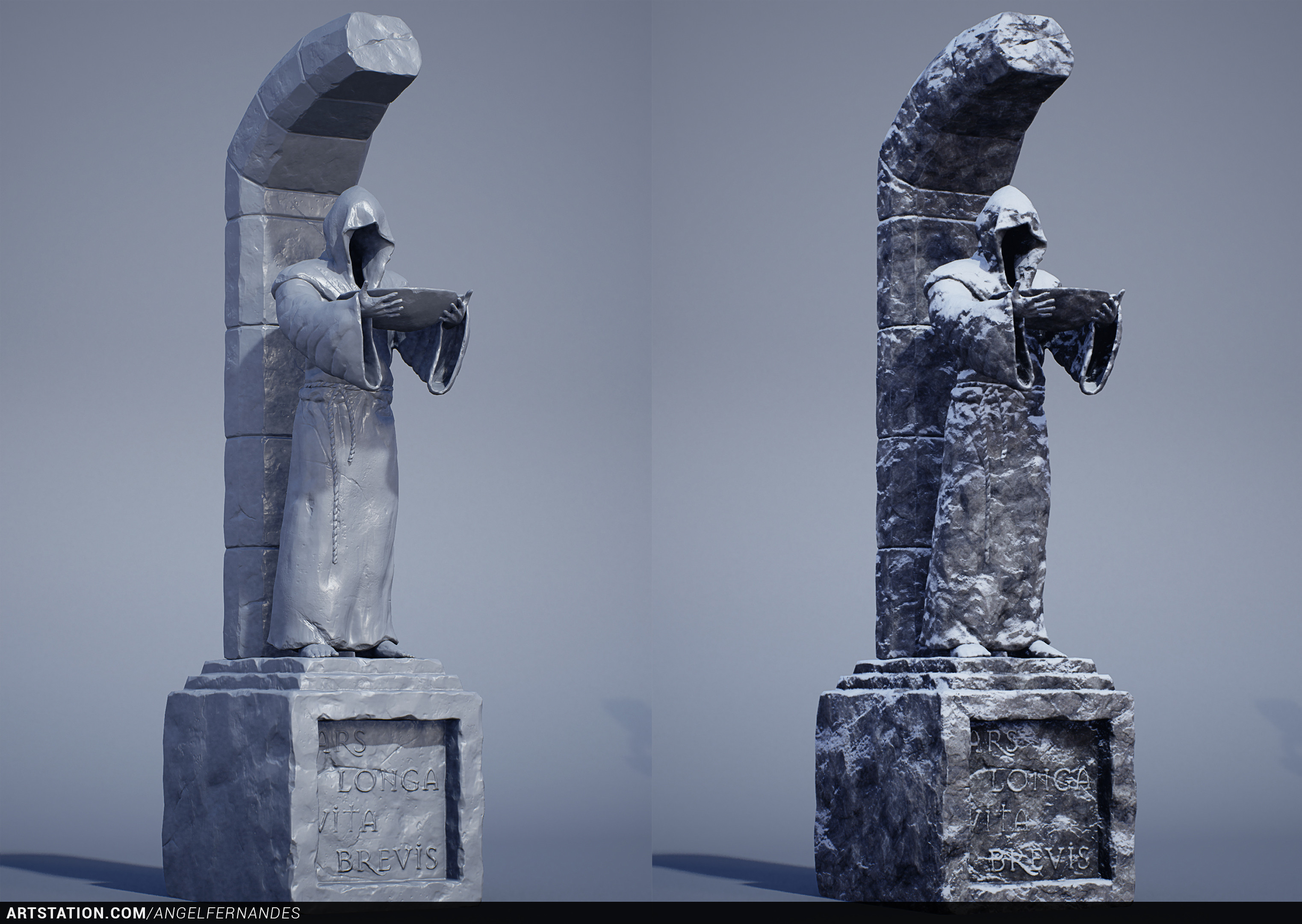 Low-poly + normal map on the left and full shader on the right.