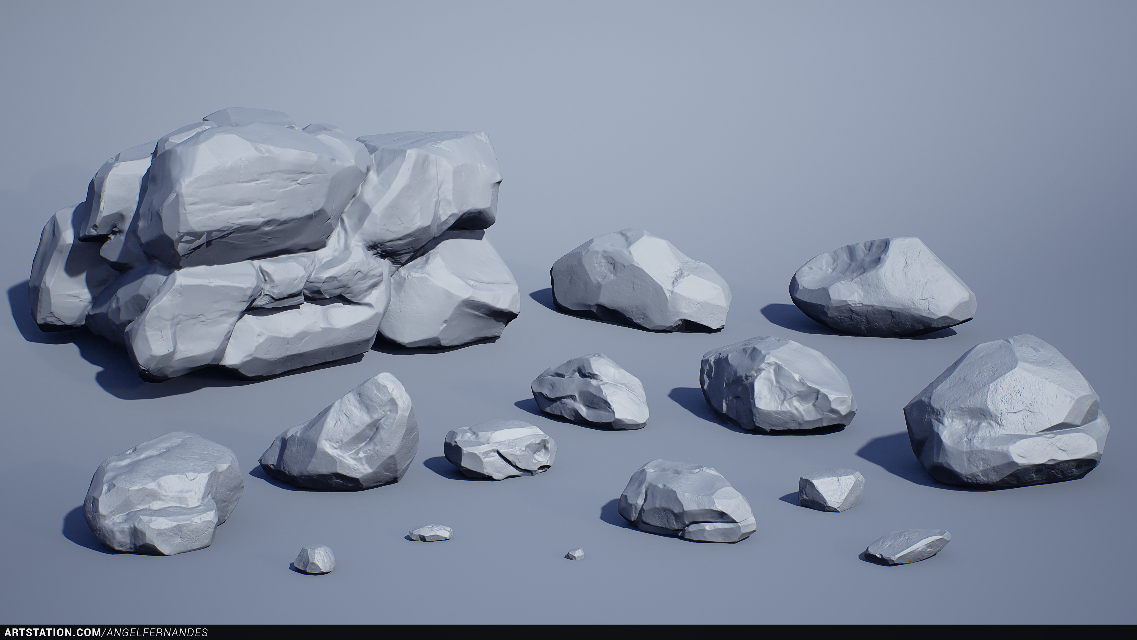 Cliff and rocks. Low-poly + normal map. Very common workflow. Sculpted and decimate in Zbrush, low poly polish and uvs in Max. Baked in Marmoset.