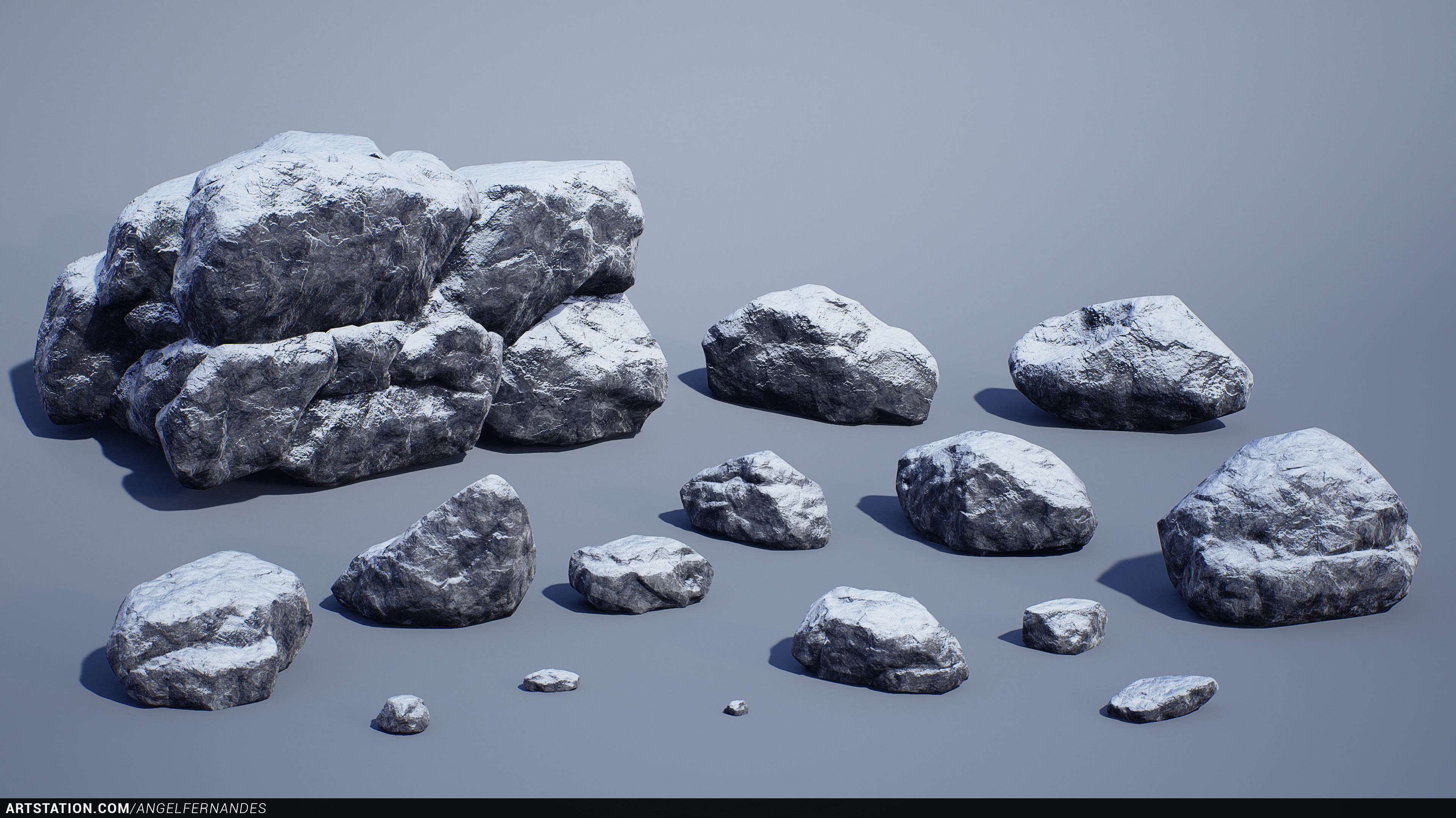 Shader: I did a tile rock material in SD and 2 different normal deital textures. Snow blending depends on world position, Normal map and AO map.