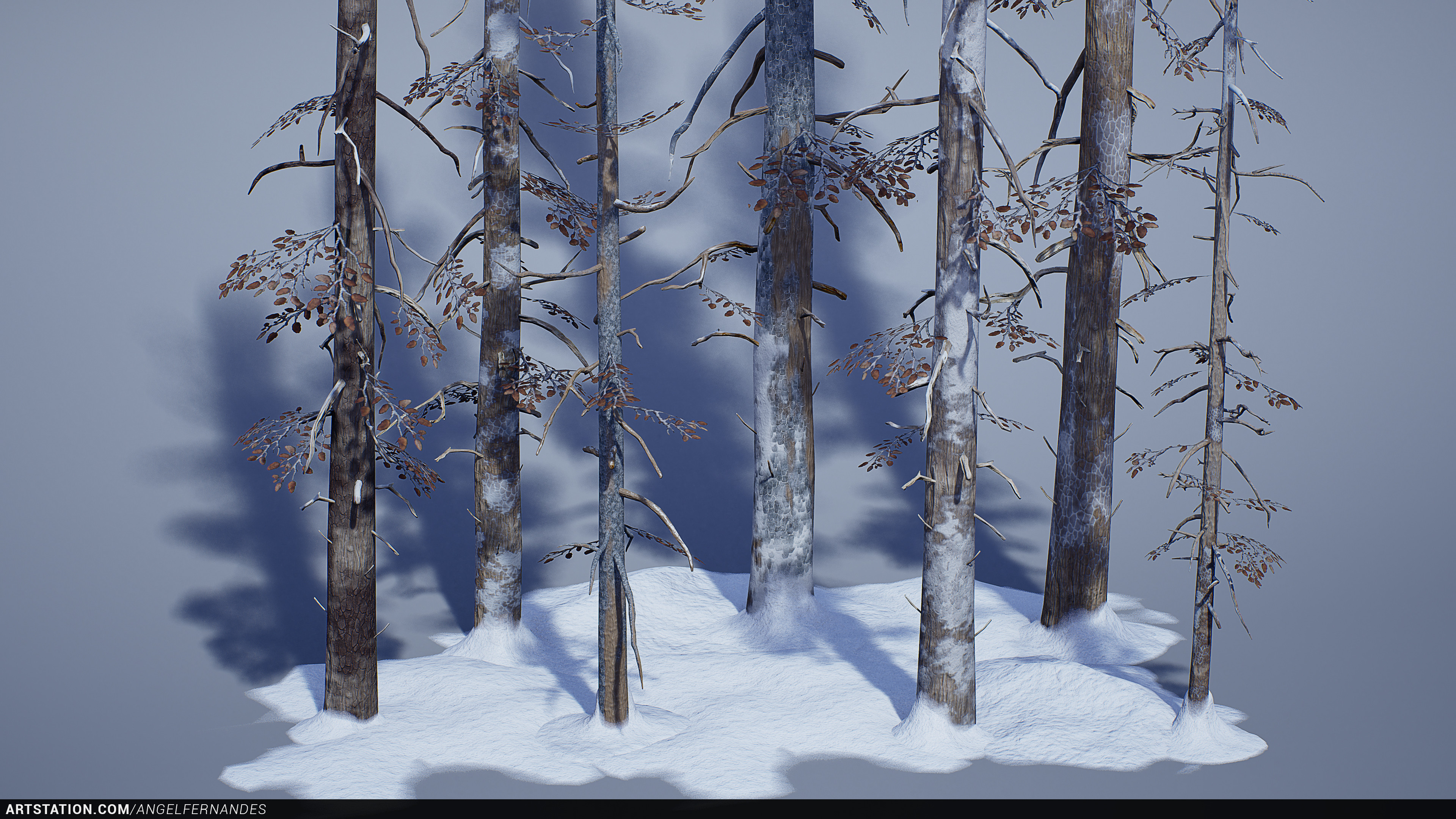 Some variations of the tree shader with a few snow piles. I created the 3 Tree materials in SD.