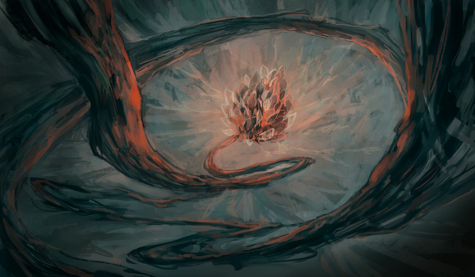 The penultimate act of the mother is to release its descendent, who is now full of enough power to undergo a cycle of its own, before withering to a desiccated husk.