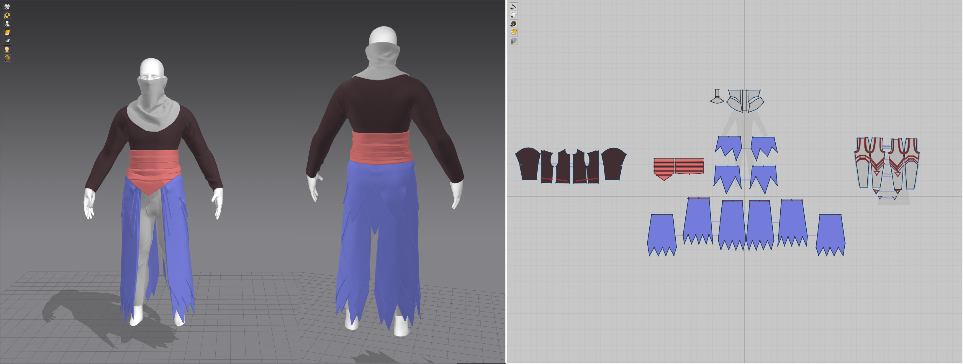 In Marvelous Designer it can be a good idea to import objects to help hold certain shapes while simulating the cloth. For this project I used a cone shape to keep the bottom of the skirt from being pulled straight down.