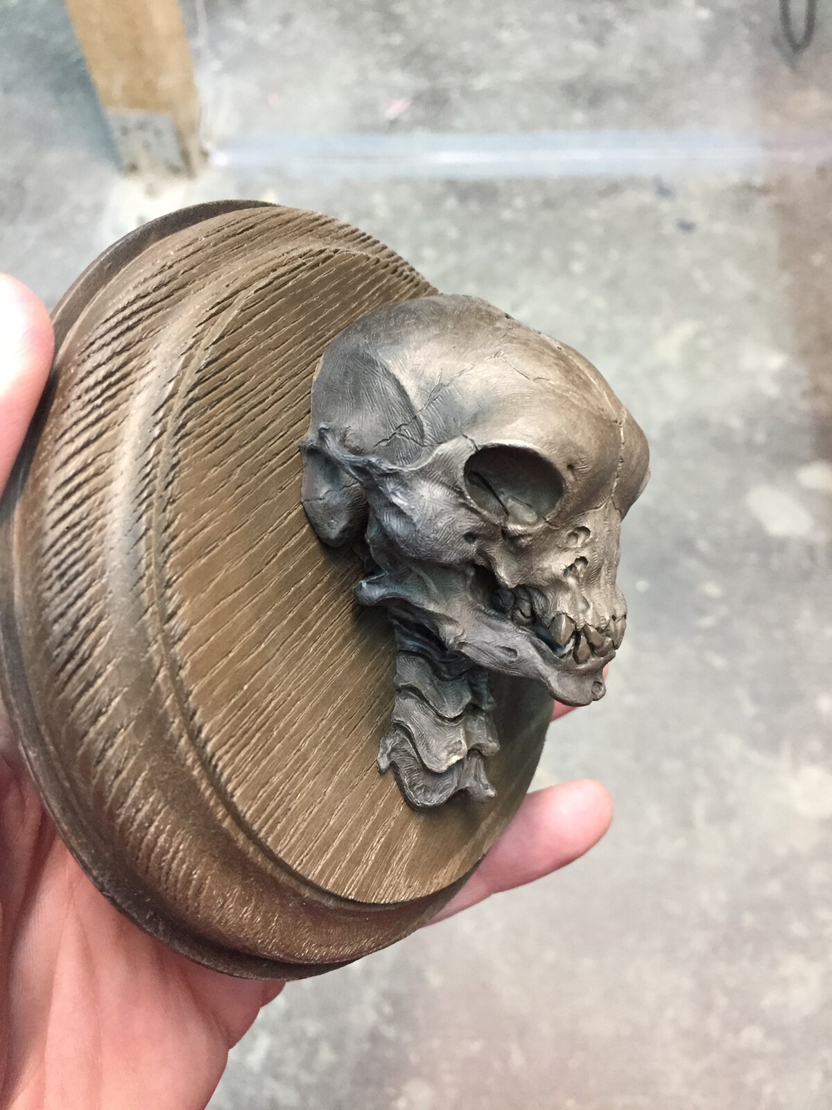 The original skull  was carved from polymer clay. This creature is made of bronze metal cold casting. Design and sculpture head made by Tomek Radziewicz. Collectible sculpture for horror and fantasy fans.

