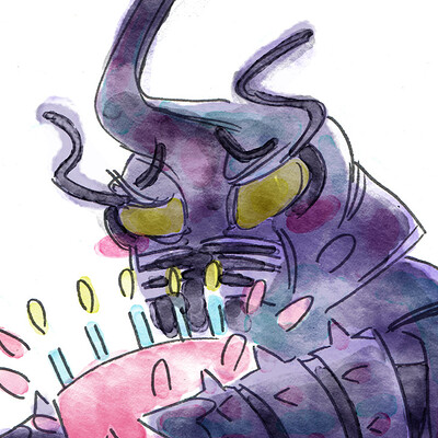 Miriam gibson megalon trying to eat his birthday cake but can t because his hands are drills