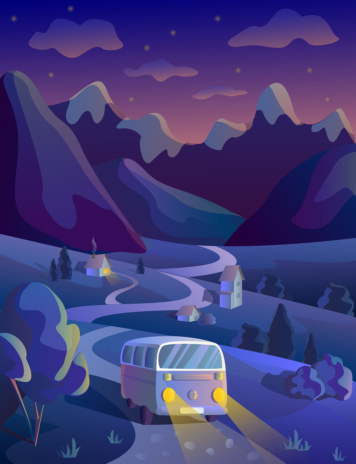 Night traveller. Фэнтези пейзажи. Волшебный пейзаж. Векторная иллюстрация пейзаж