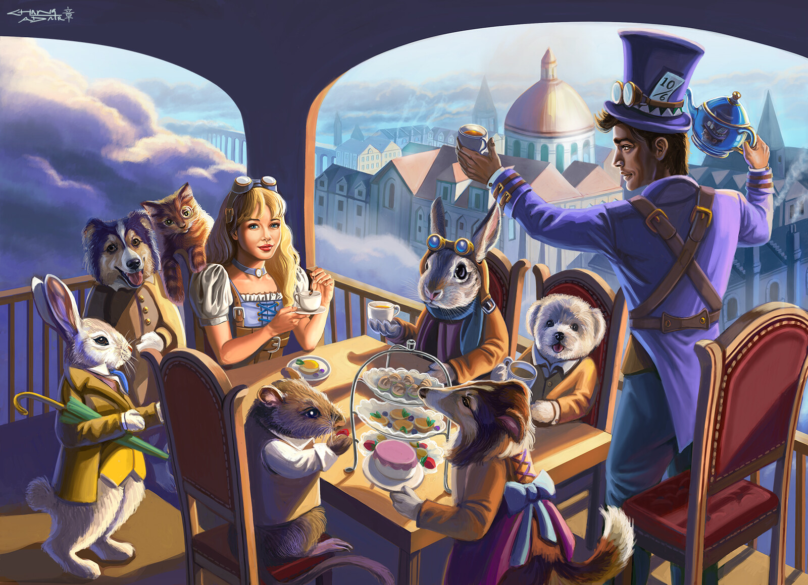 Steampunk Alice is enjoying tea at the Mad Hatter's Tea Party on board his airship.