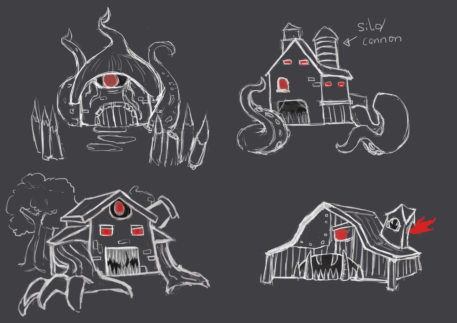 I explored different designs of  monster house and barns. These are a few of my digitized concept art
