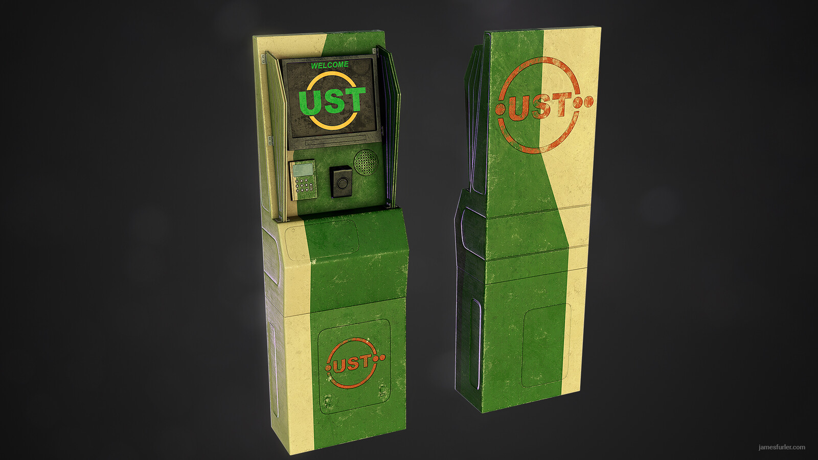 Fare Machine - High to low baked asset modeled in Maya and textured in Painter, with emissive decals created in Photoshop.