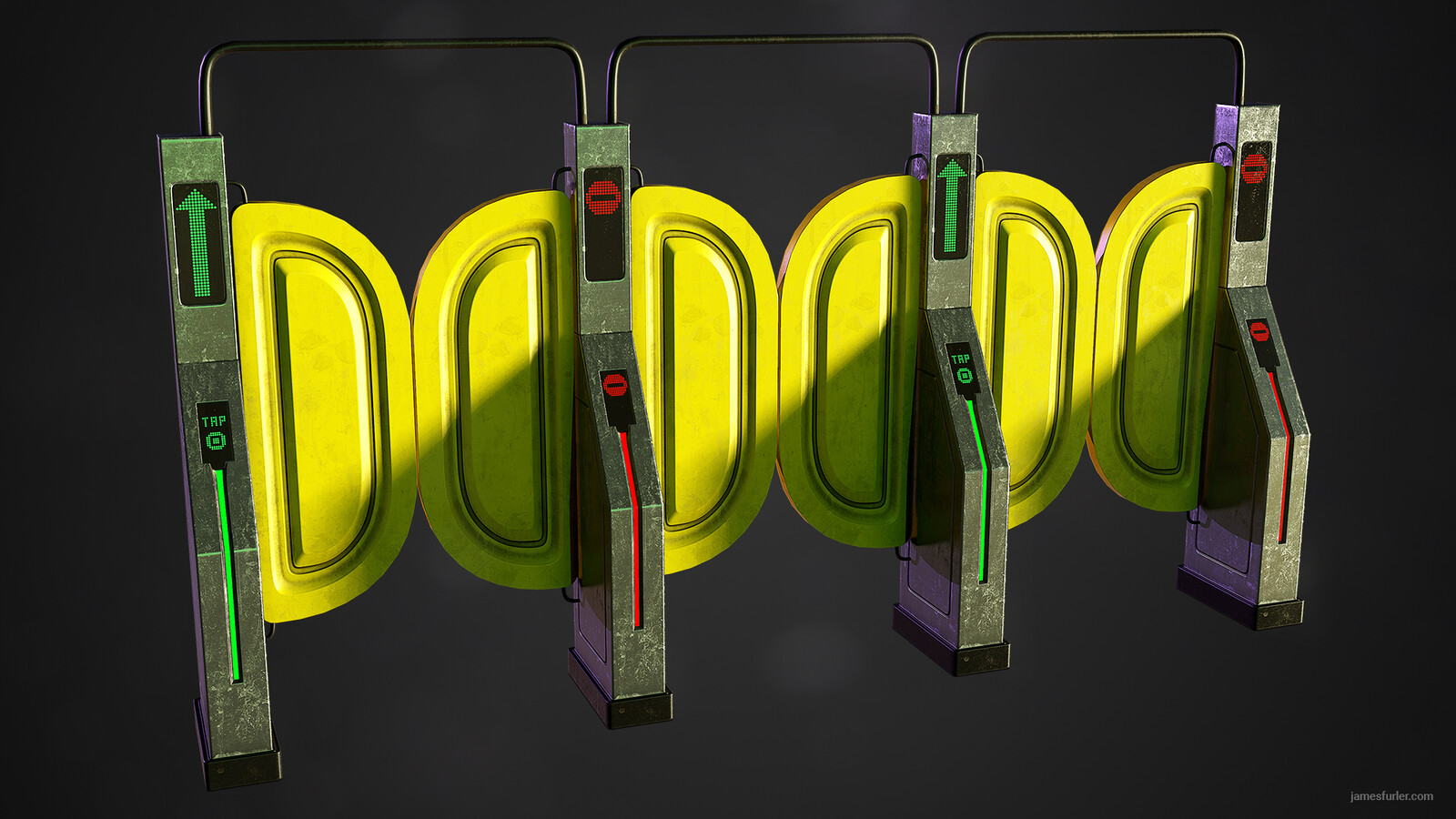 Subway Gate - High to low baked modular asset modeled in Maya and textured in Painter, with emissive decals created in Photoshop.