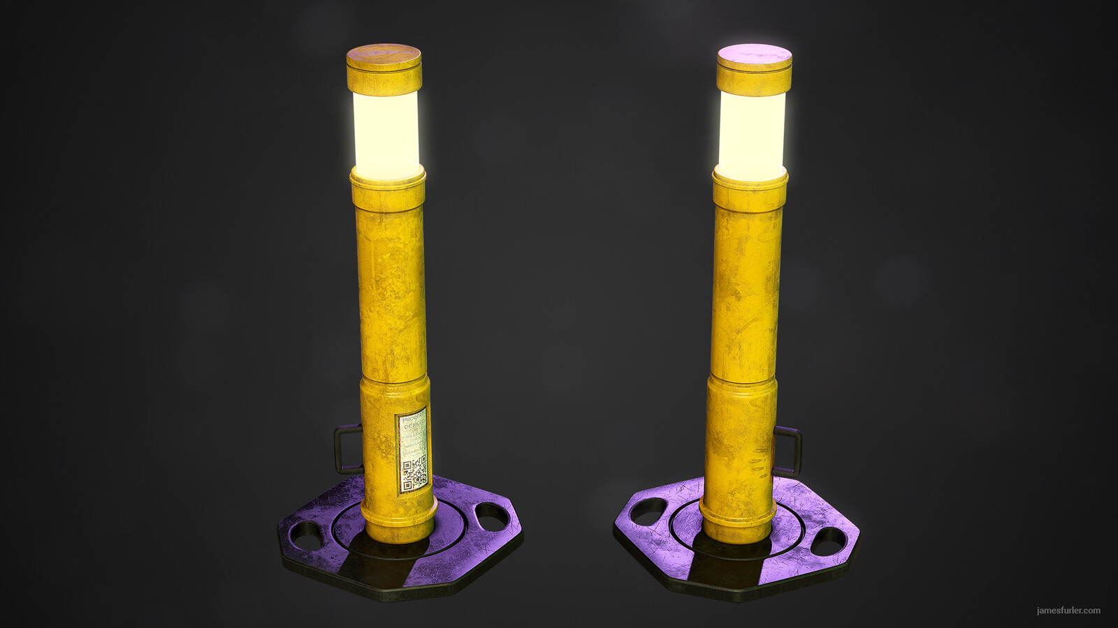 Hologram Bollard - Mid-res asset (no normal bake) modeled in Maya and textured in Painter, sticker decal created in Photoshop.