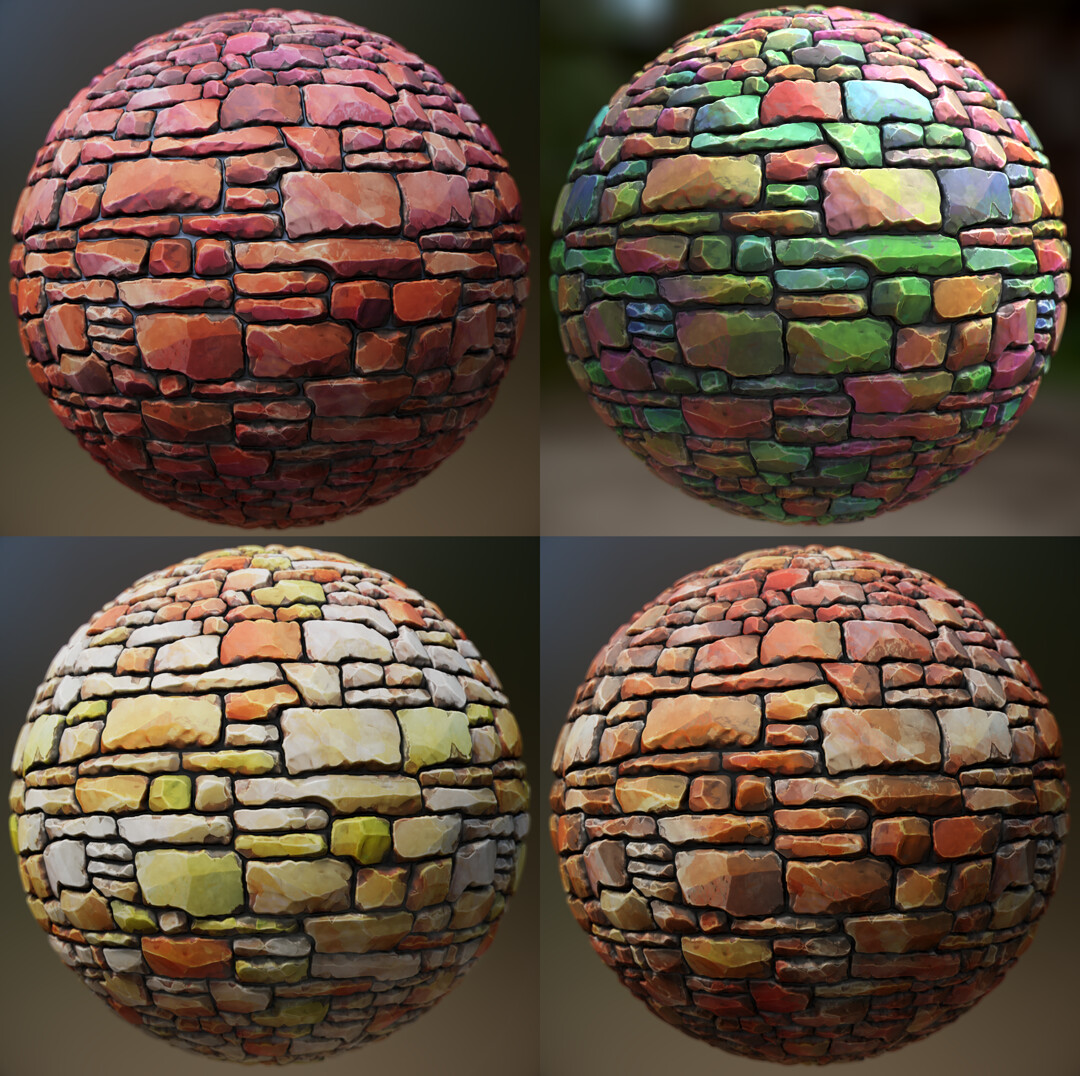 Different colors made by tweaking the input colors. Each brick varies in color overall but also the different slopes vary in color based on direction.