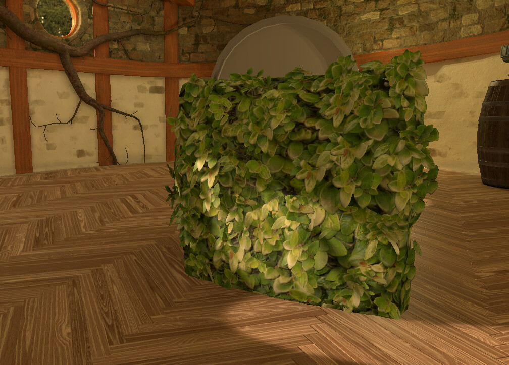 Shrub wall, same material, added some cards with a hand-painted cutout mask. From photo to real-time ready asset in about two hours. 