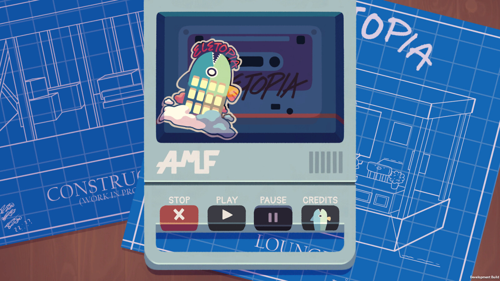 Title screen UI, meant to mimic a cassette player. Blueprints by scarves-of-plenty @ tumblr based on flanosaur @ twitter's environment concept art.