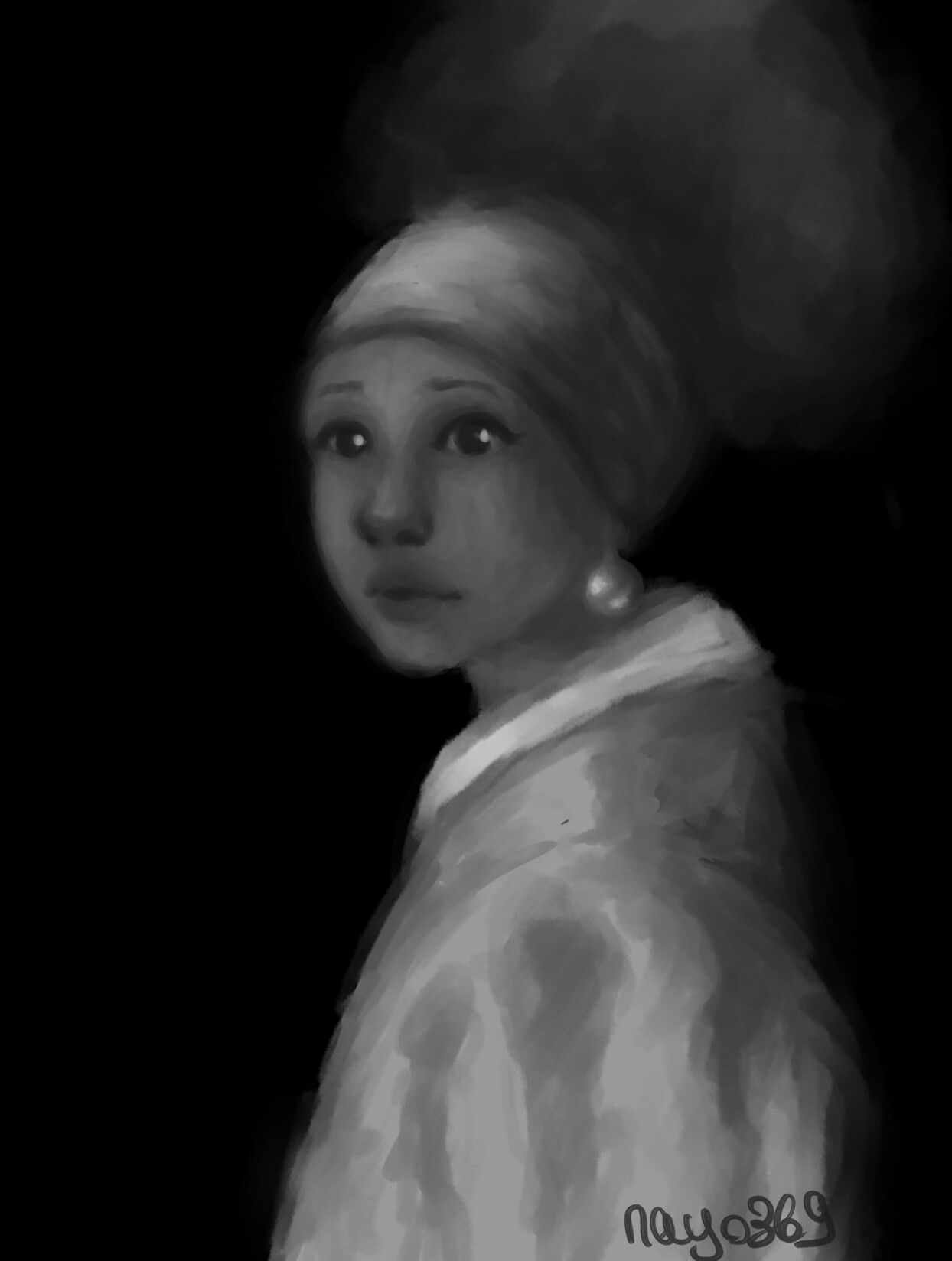 ArtStation Black girl with a pearl earring color and grayscale