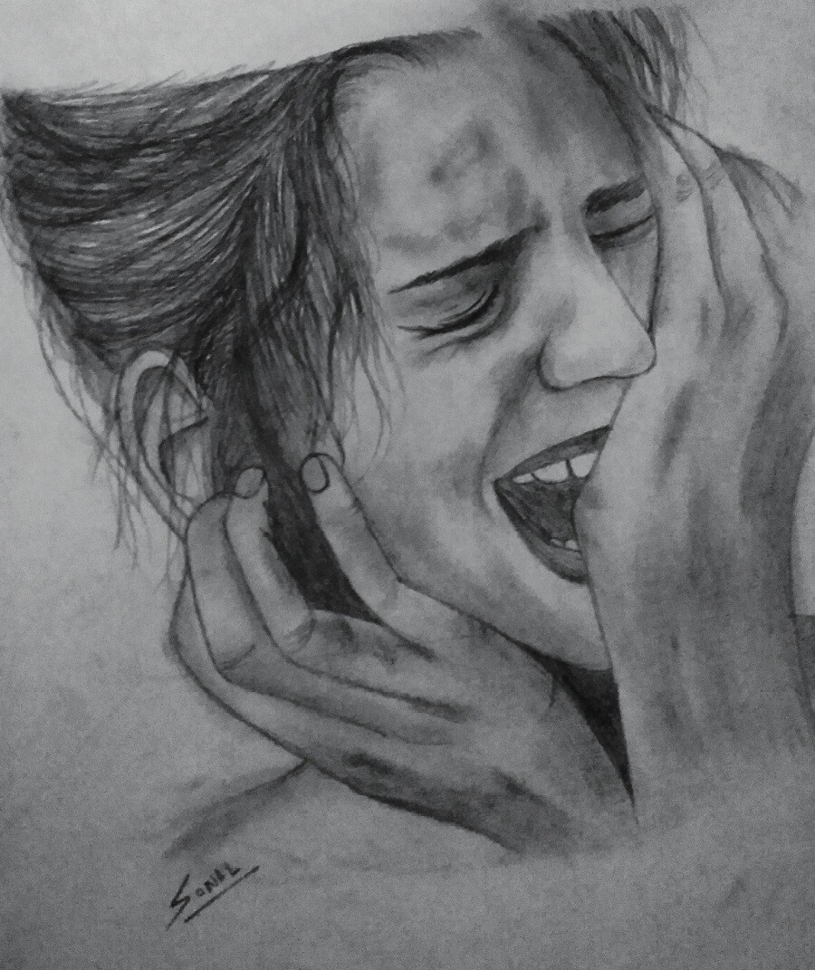 Create a black and white line sketch that captures the symbolic essence of  emotional pain and self-deception. The sketch should depict a figure with a  broken heart