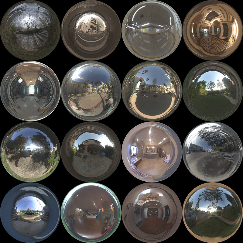 The entire Unparent Lightprobe Set. A total of 16 free HDR light probe images. These are almost 17 years old, so new ones are much better, but these are still good for ambient lighting and decent reflections. All available for free to download on my site.