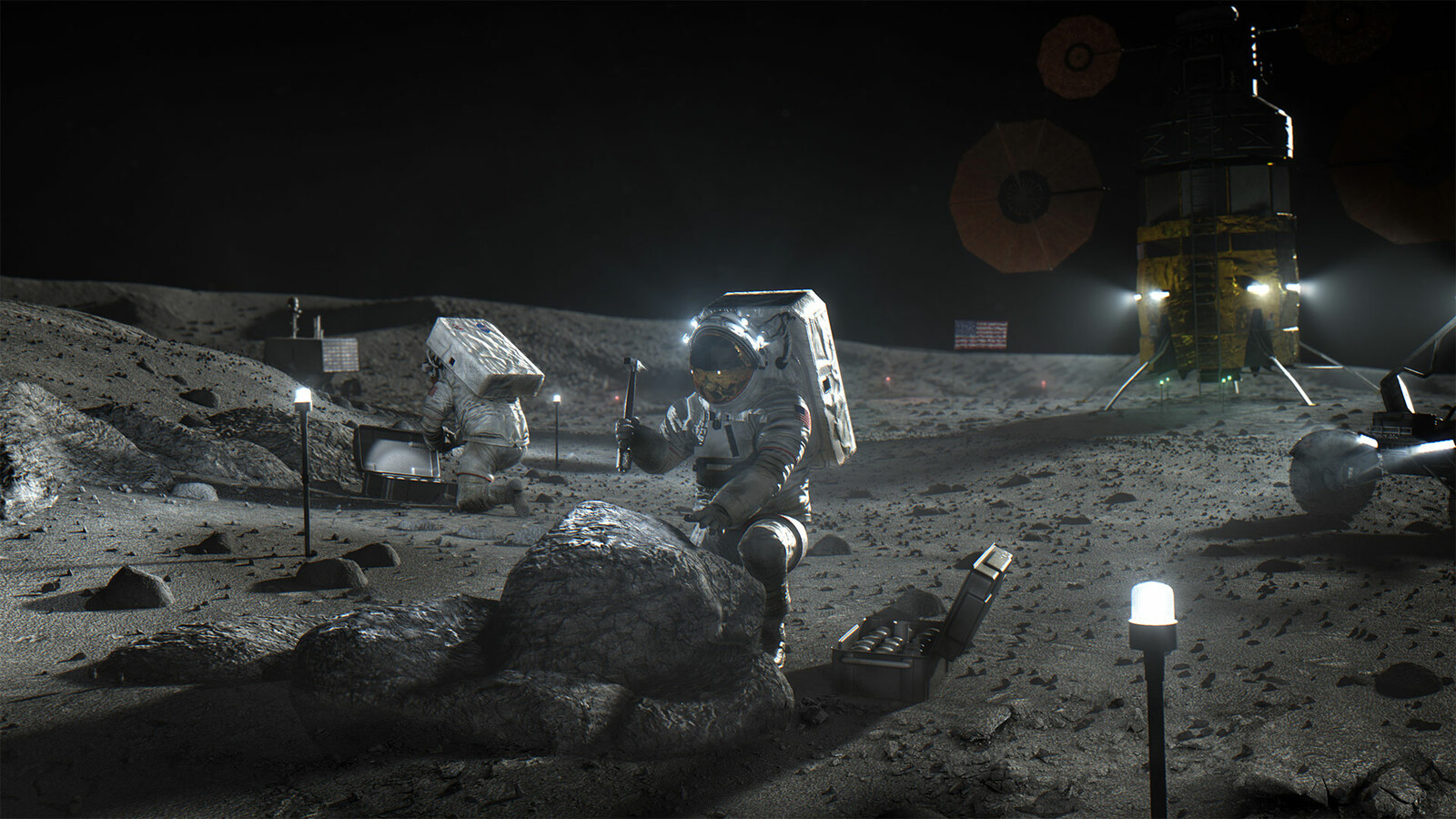 Concept image of Astronauts at a Lunar Homestead