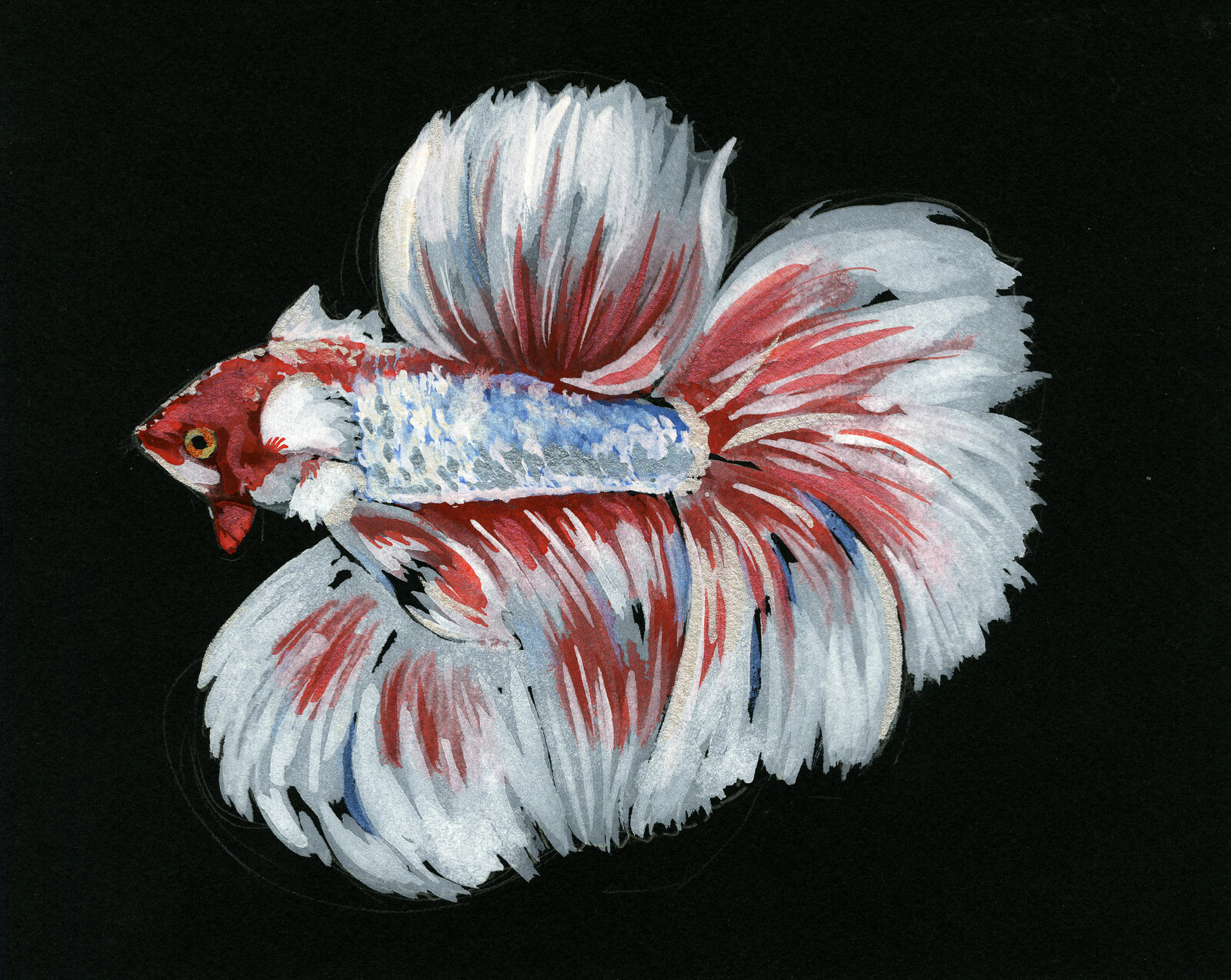 Gouache, opaque watercolor, and metallic watercolor illustration of a betta fish.