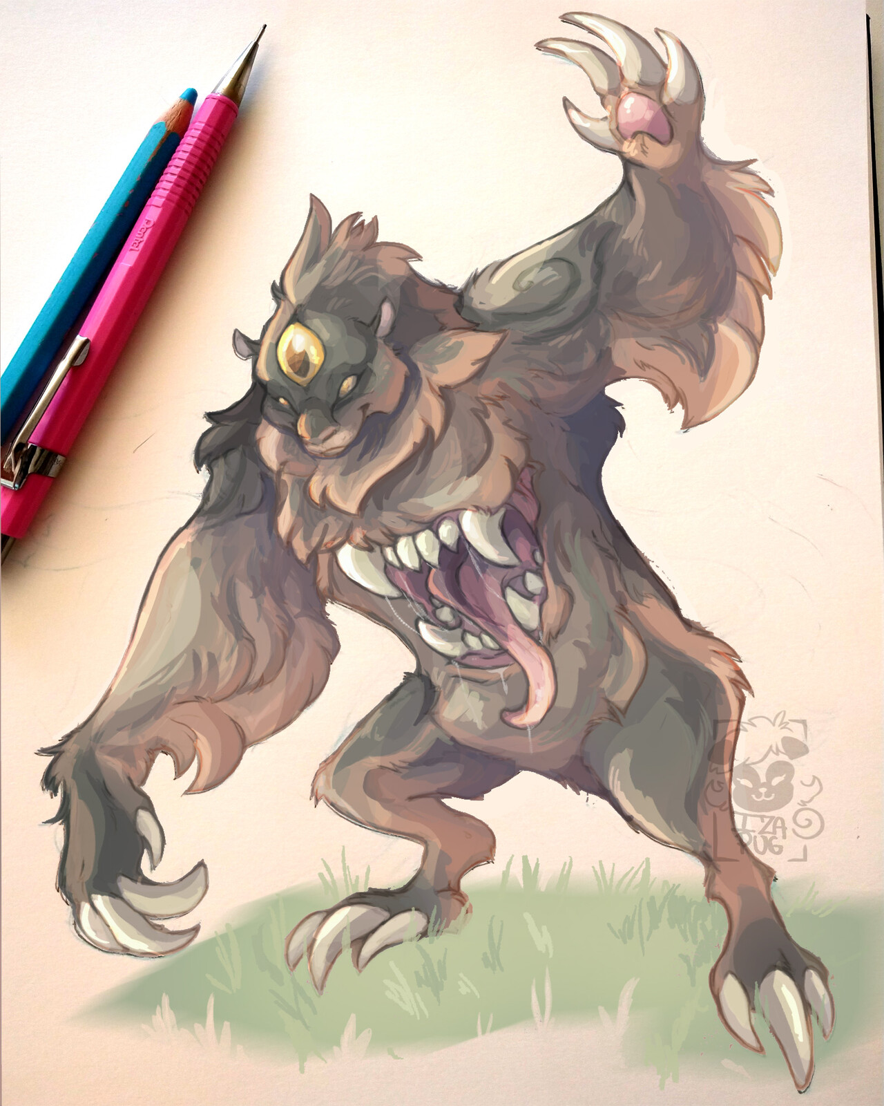 Mapinguari is a legendary creature from the Amazon rainforest. According to legend, this creature devours people who get lost in the forest, but the Mapinguari that I drew is a little more docile, just looking for hugs. 