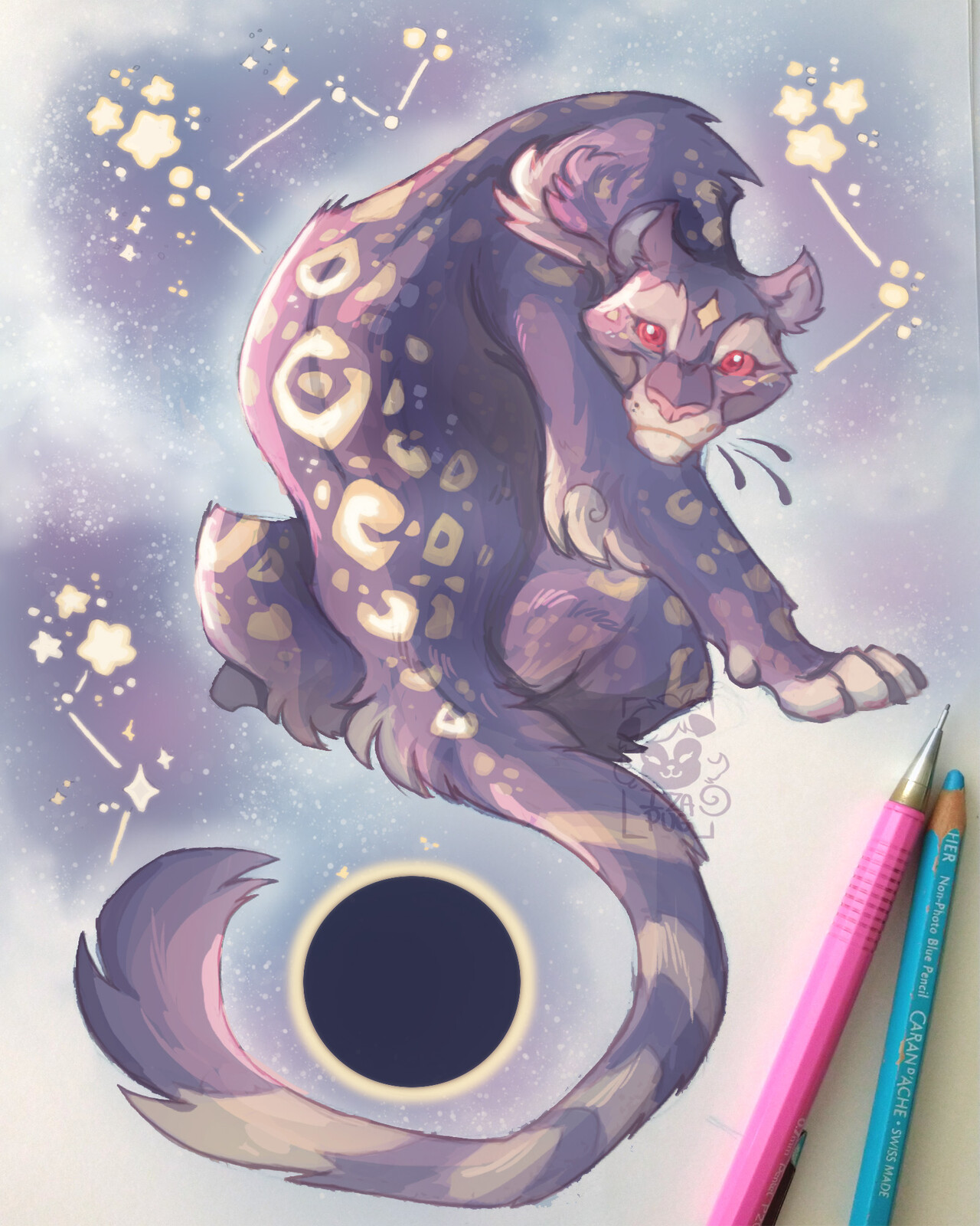Charia - The Celestial Jaguar ×
Sharia is an evil spirit belonging to Tupi-Guarani mythology.
The Tupis report how solar and lunar eclipses occur because this spirit is. In the meantime, I really can't draw evil creatures ... so he's not that evil.