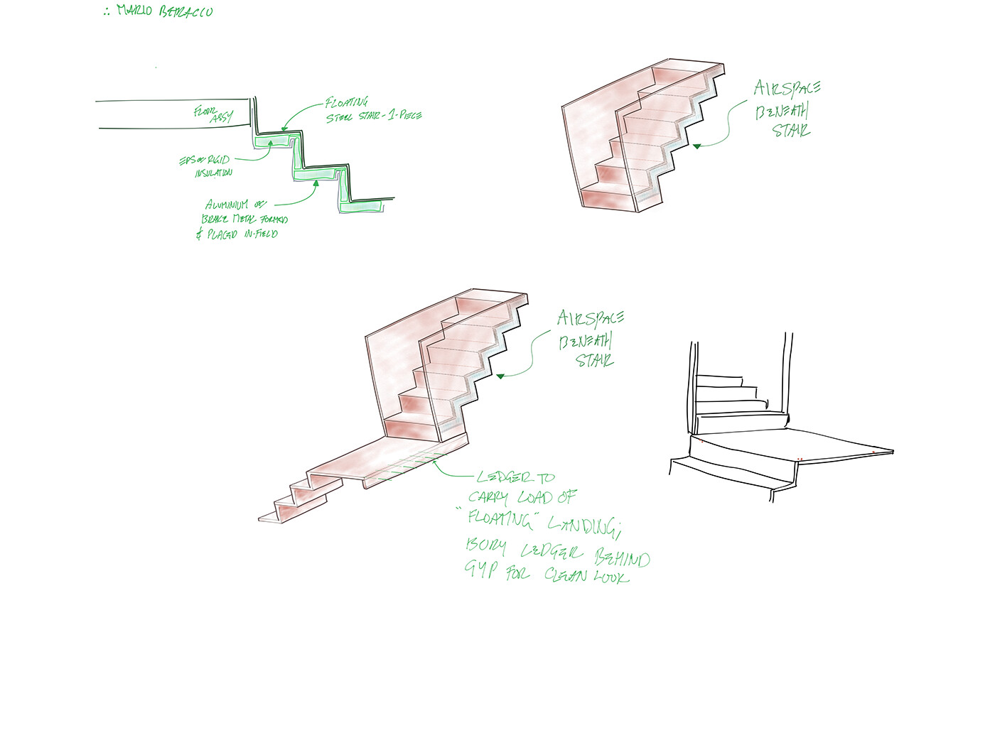 Here is the hand-drawn sketch originating those stair ideas: as you can see, computers are not required for 3D thinking. That's how a designer should think to begin with!