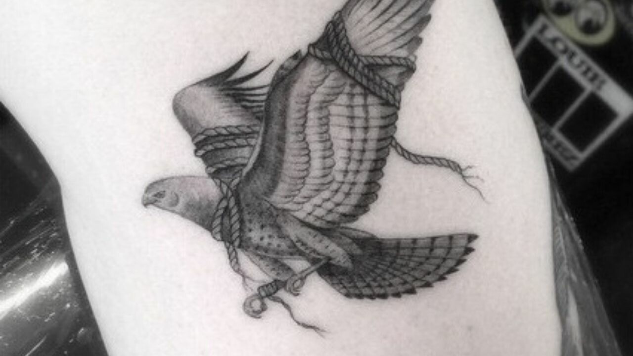Falcon tattoo on the right thigh.