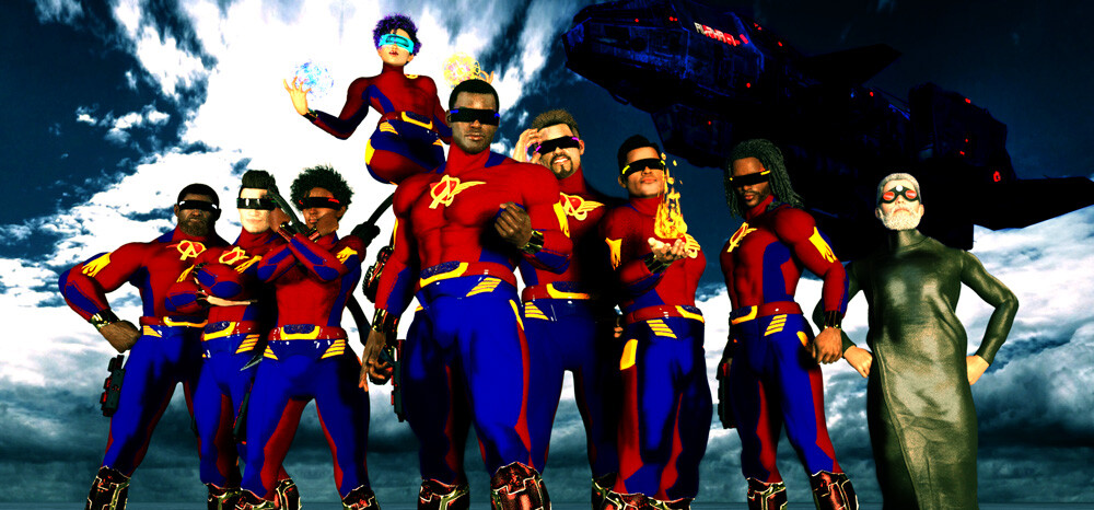 From left to right: 
Big Russ; Johnny Go; Indy Love; Polaris (above); Gabriel; Kar Roos; Brother Blaze; Double Time (DT); Dr. Eli Adoward; and there space cruiser the Alpha-1.