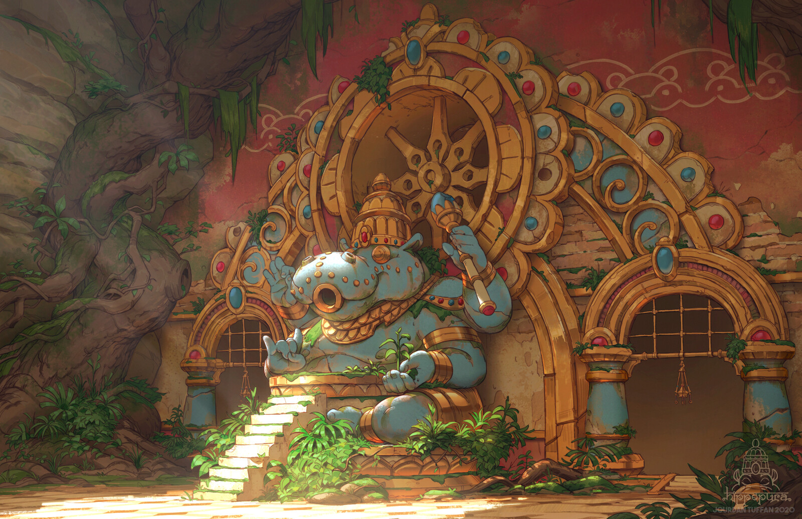 The great hippo god statue of Hippopura at the heart of the Bubble Puzzle room.