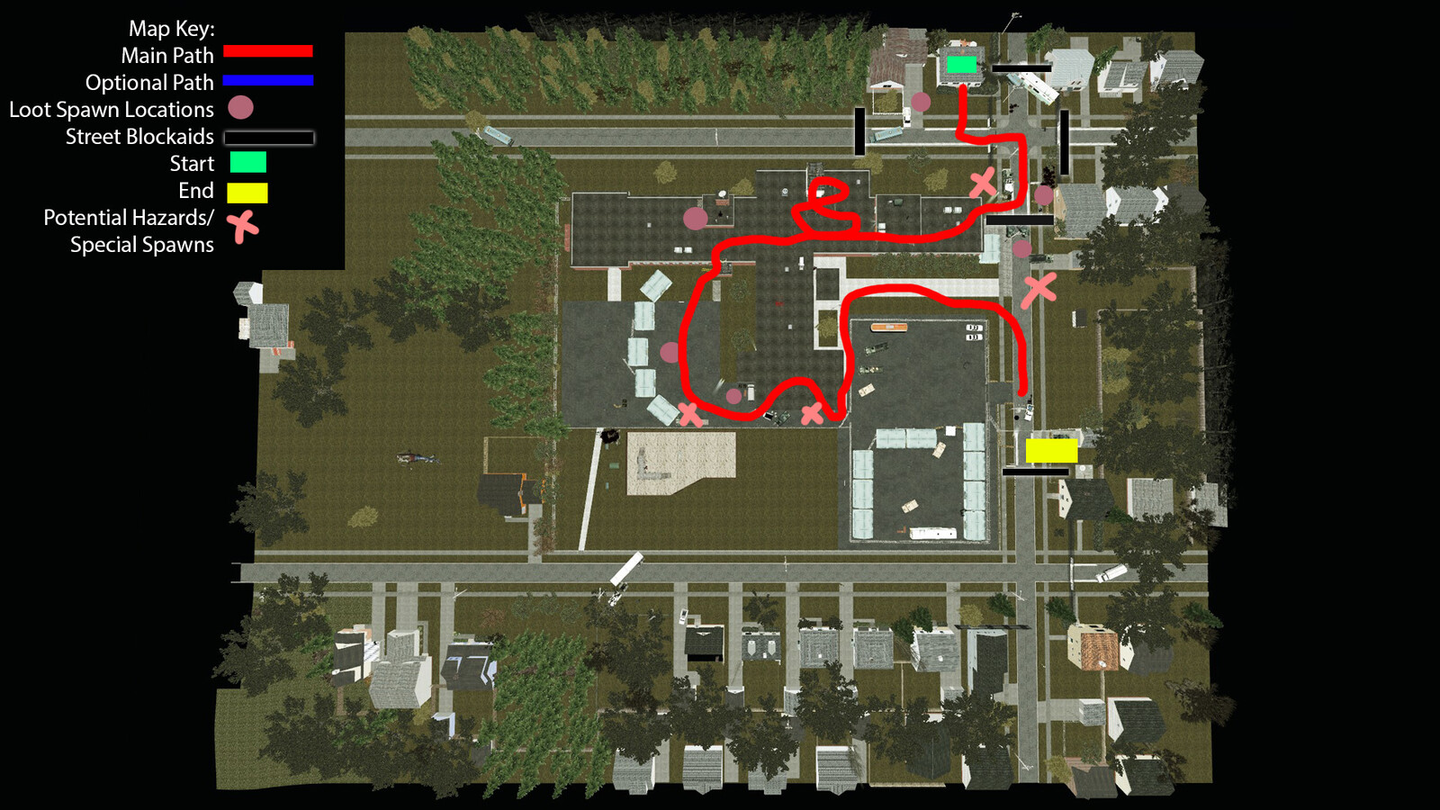 Top down view of the School level. Players must follow the red path to reach the safe house, but there are several areas around where players can explore to find additional supplies and story elements. 