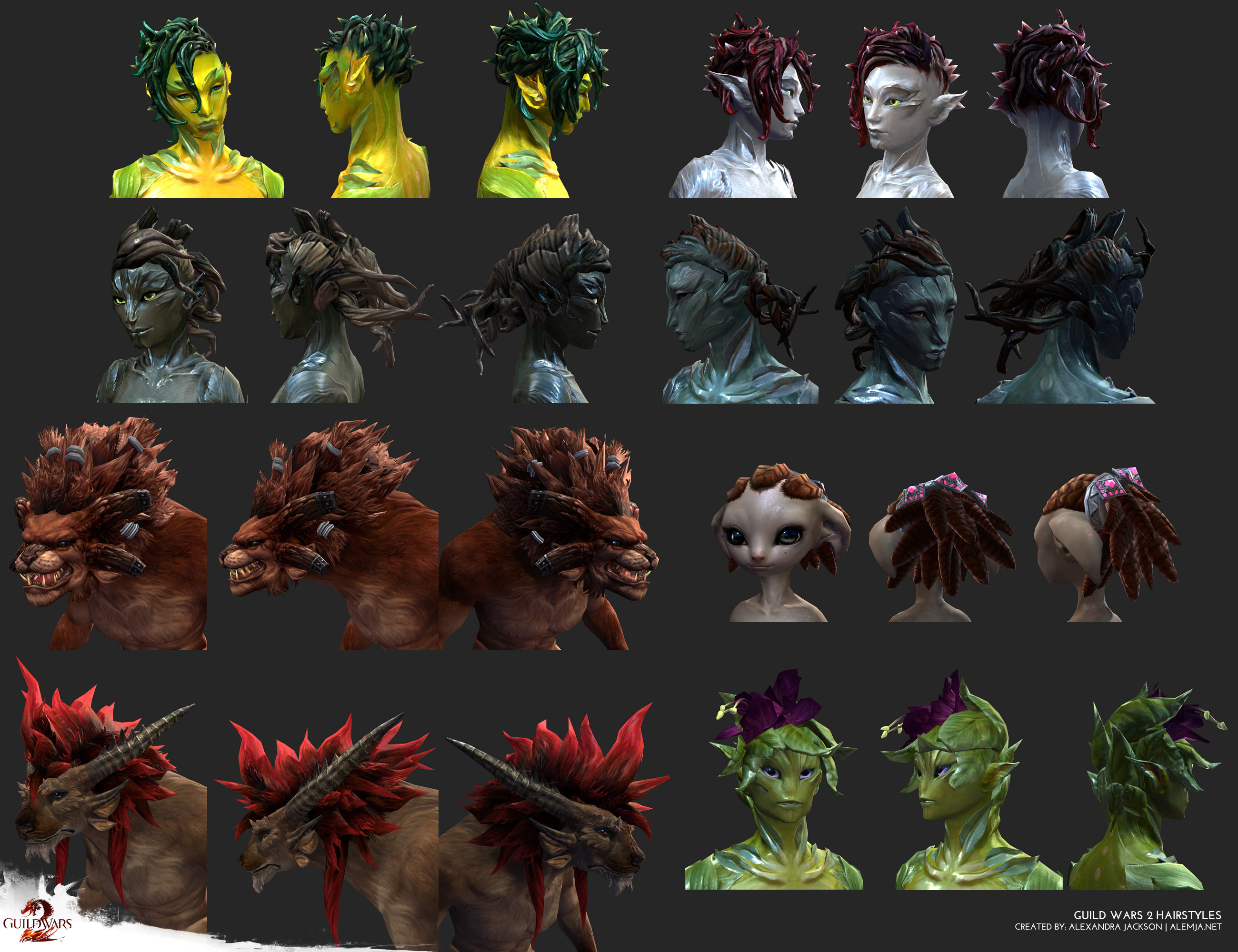Hairstyles I created for various races that where released for Guild Wars 2. I concepted, sculpted modeled and textured each of them