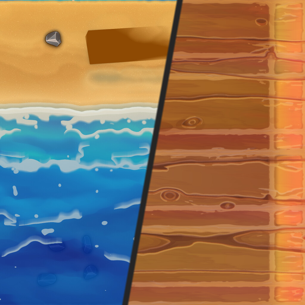 Two textures: Beach and Wood trimsheet.