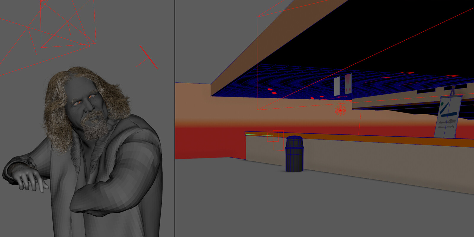 Left: Image simply shows character with referenced assets and lights. Right: Since the background ended in a blur it was not necessary to overdue detail to achieve environment likeness.