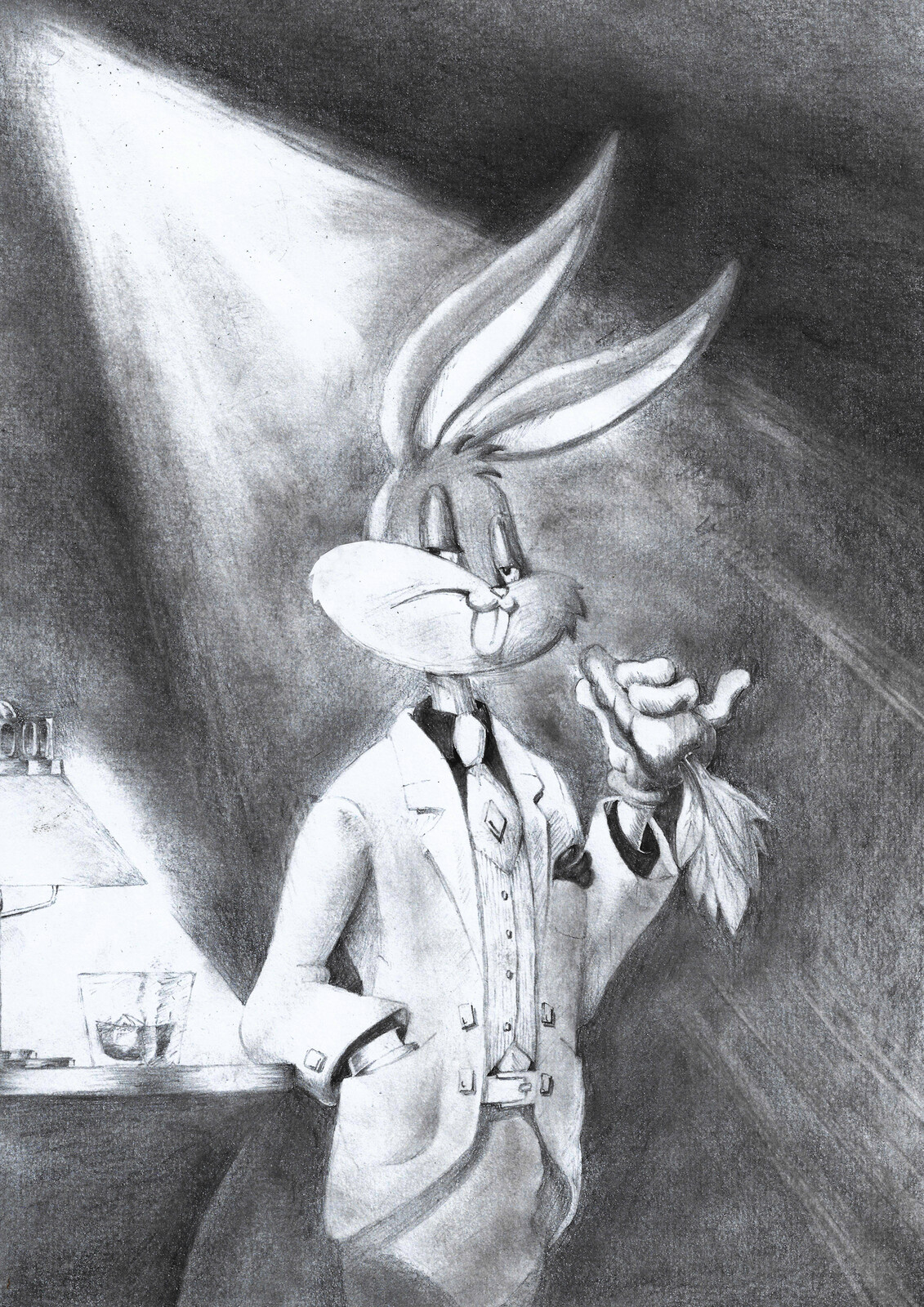 Bugs Bunny in a trim white suit