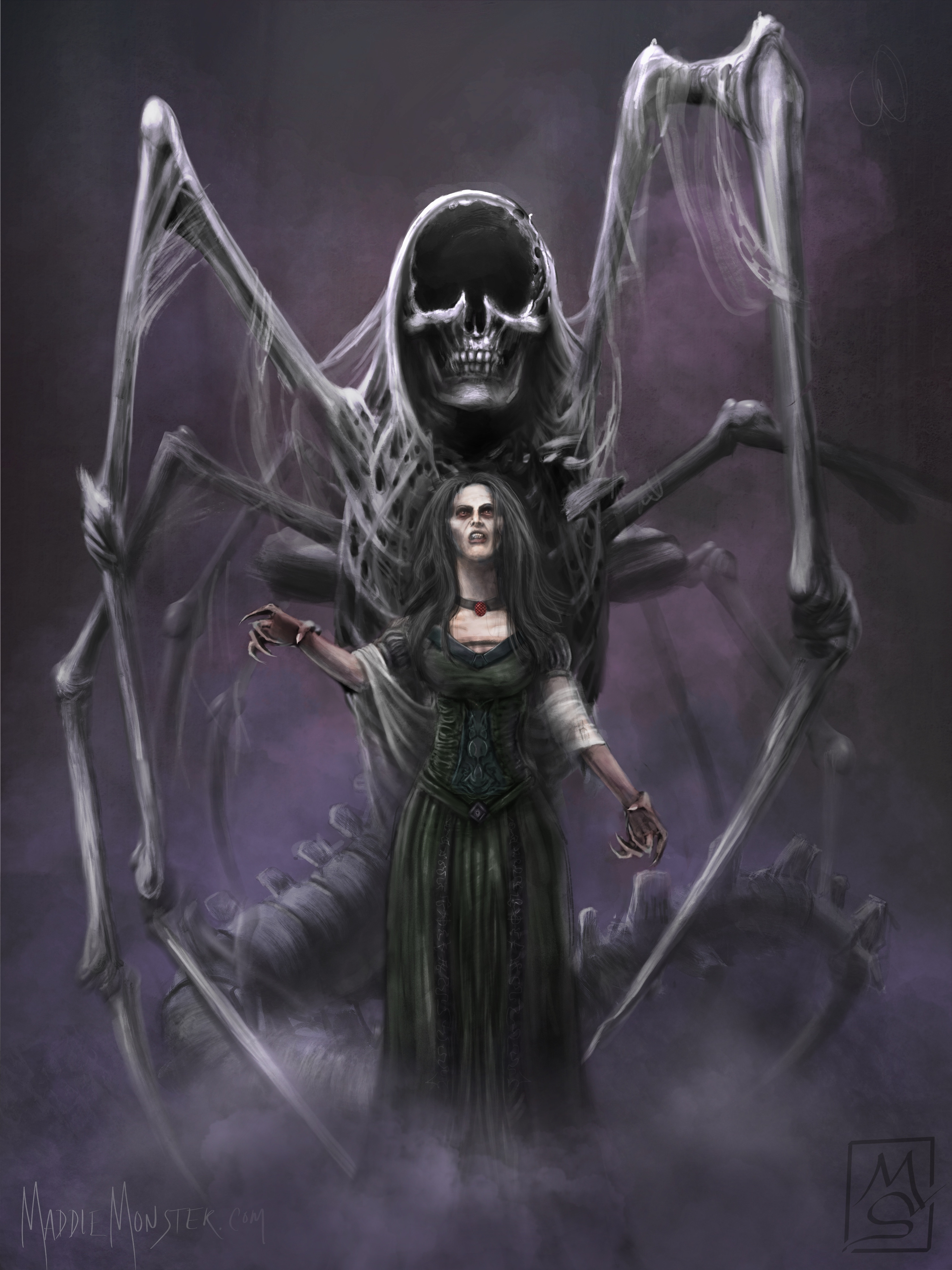 Necromantic Initiatrix is a concept painting for a two figure series from Talos Tabletop Company. The central figure is Zoya, a Necromancer who draws her power from the Cthonic Spider God materialising behind her. Painted in Procreate. 