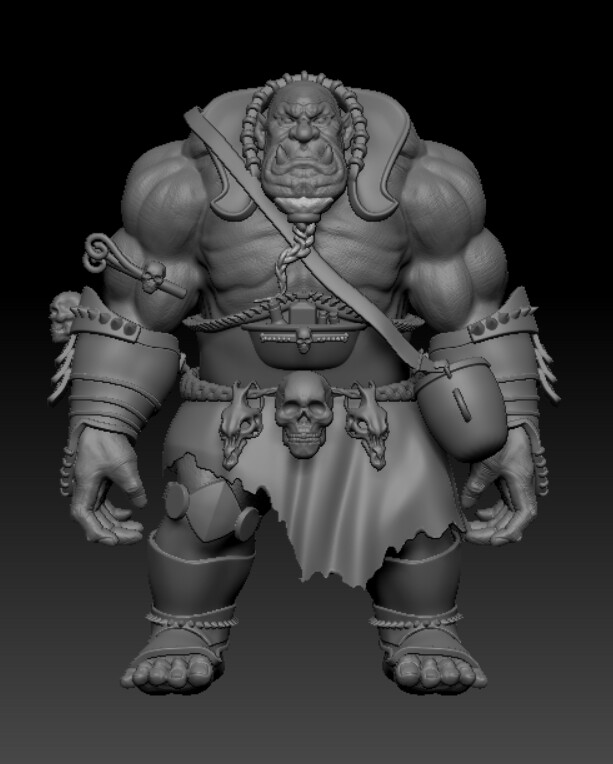 I'm trying to create a tough look for Gargagon here, hence the skull-themed accessories and his rough appearance (with wounds and angry expression). My main reference was the orc from World of Warcraft!