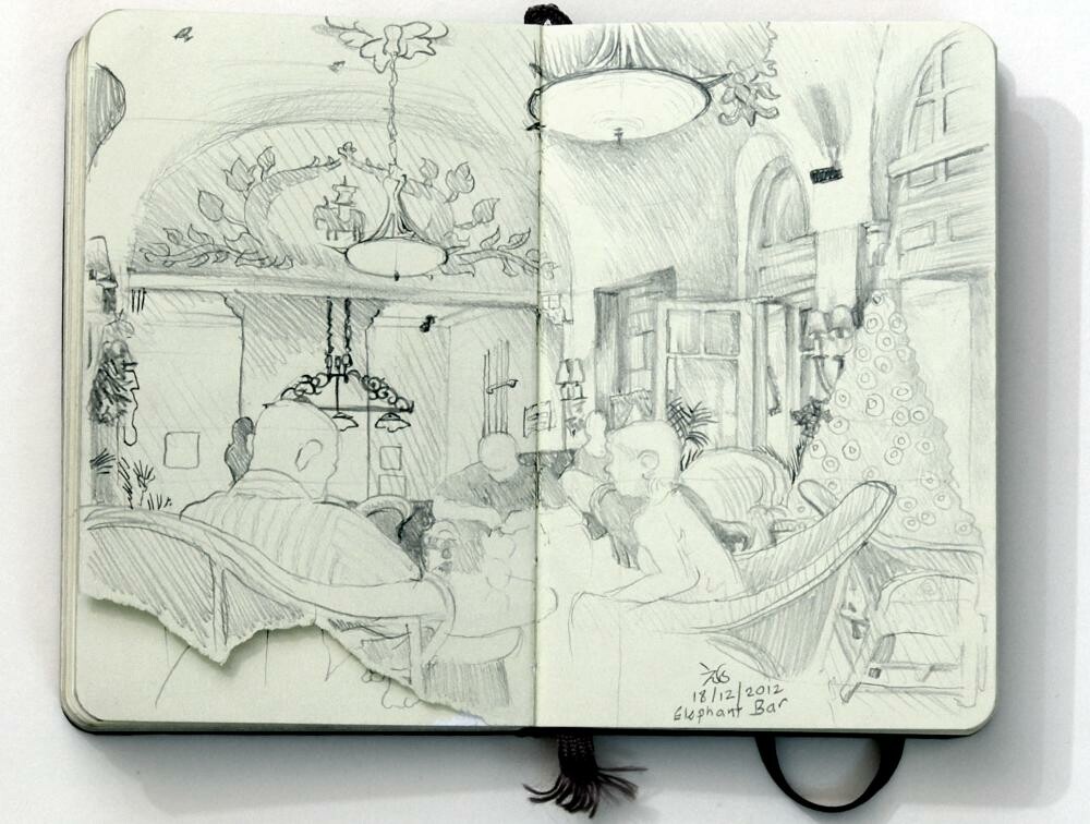 Sketched in the Elephant Bar at the Raffles Hotel Phnom Penh while sipping a femme fatale.