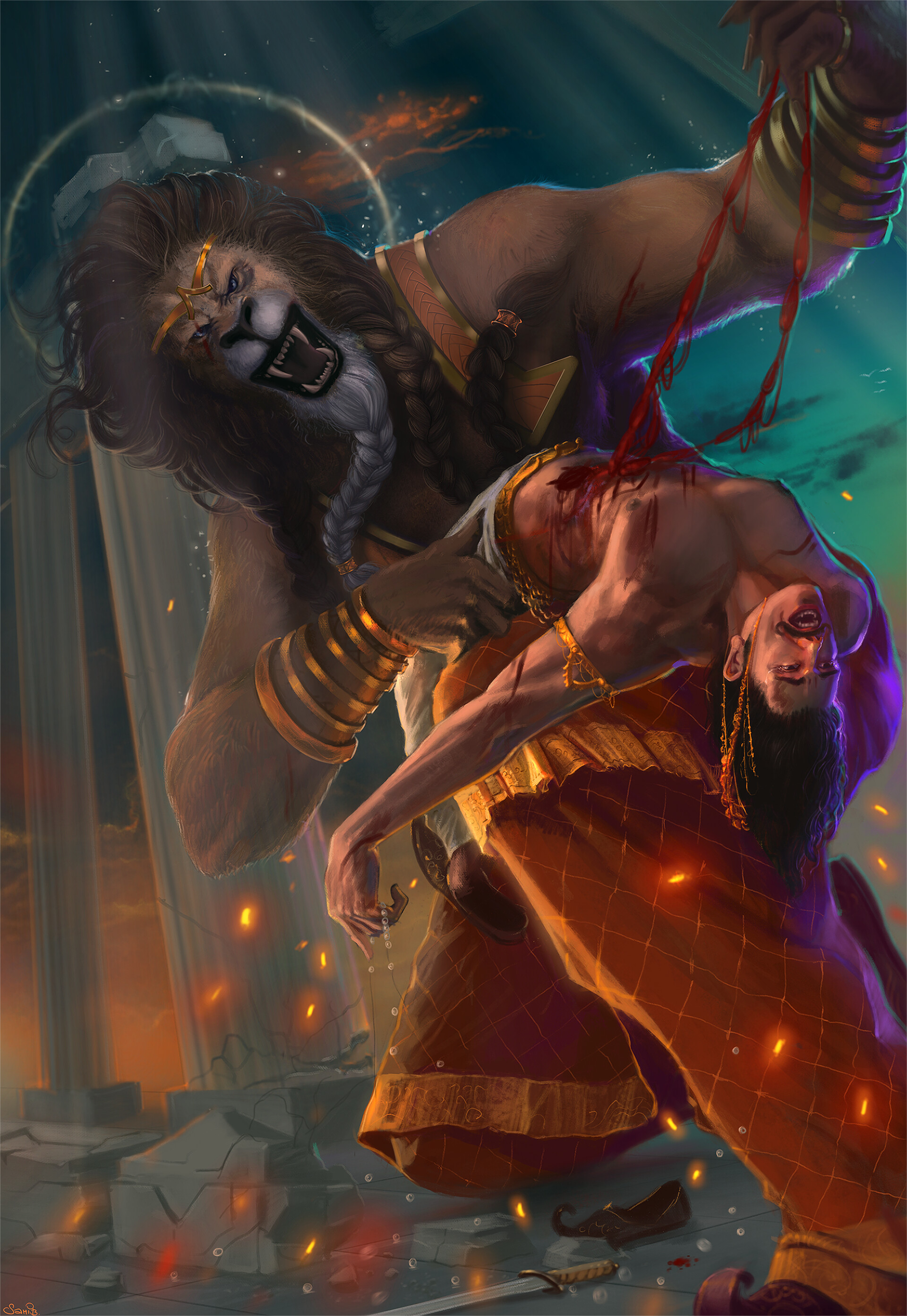 Sahib Goswami Narasiá¹ha Vs Hiranyakashipu Fight scene with lord nrsimhadev and the demon hiranyakashipu at iskcon vancouver temple for lord nrsimhadev's. sahib goswami