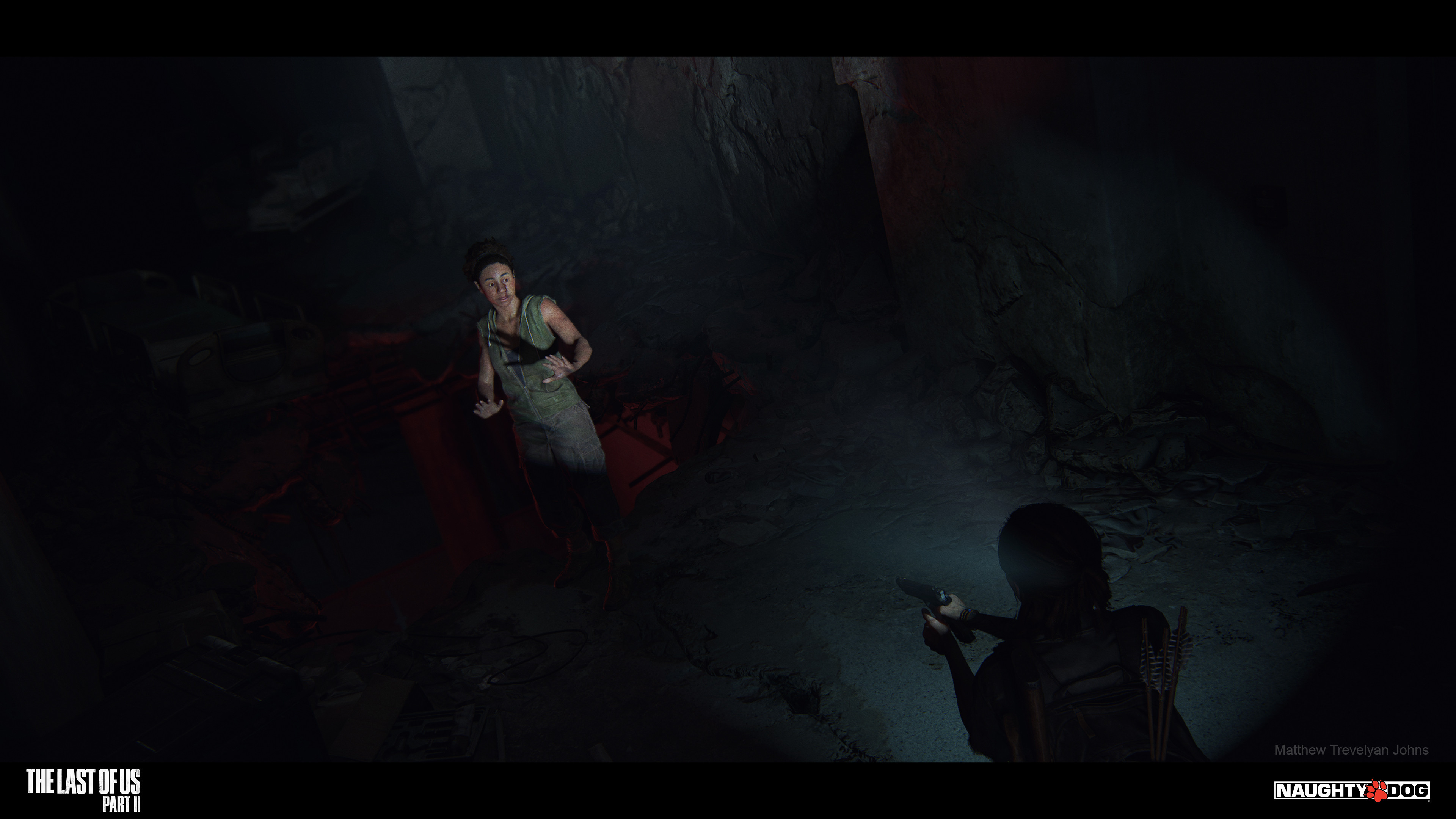 John Sweeney's vision for the red area beneath Ellie and Nora here made this drop into the unknown feel all the more perilous. That deep red lighting was my favourite of themes to work within