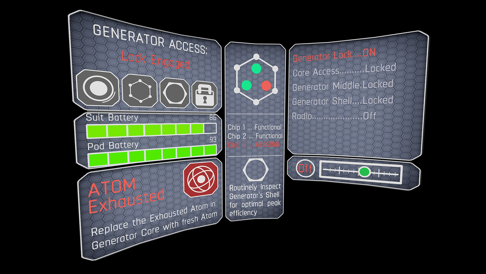 The "DataPad" was a main element of my User Interface. It was intended to be a holographic element attached to the user's left wrist that allows for real-time interaction and information with the entire scene.