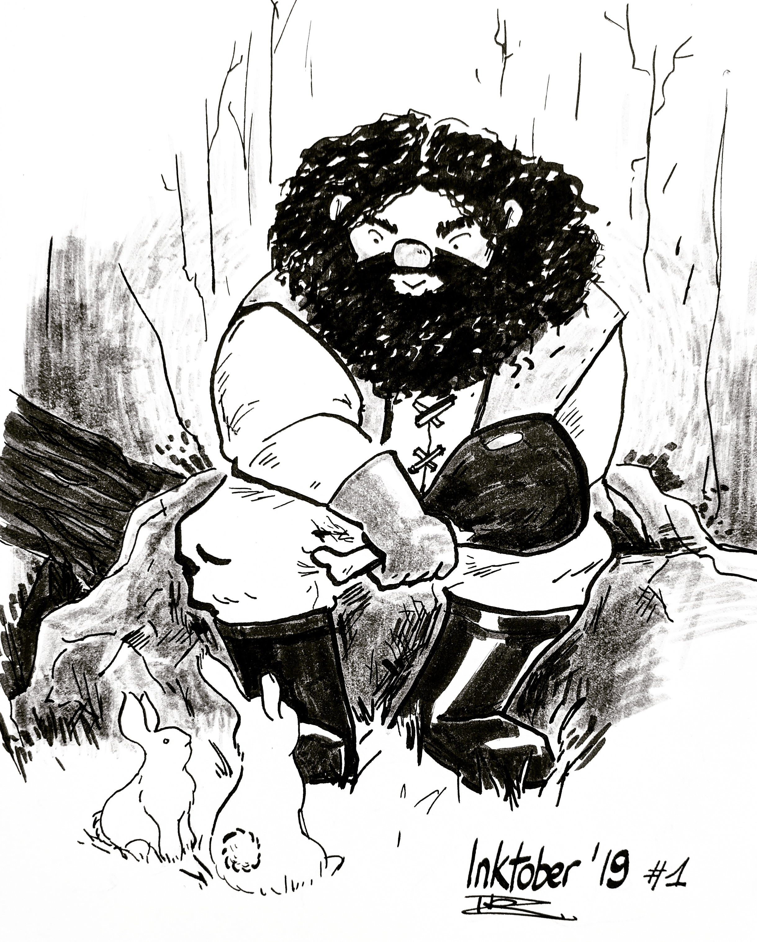 Little illustration of Hagrid having lunch in company of bunnies for Inktober 2019.